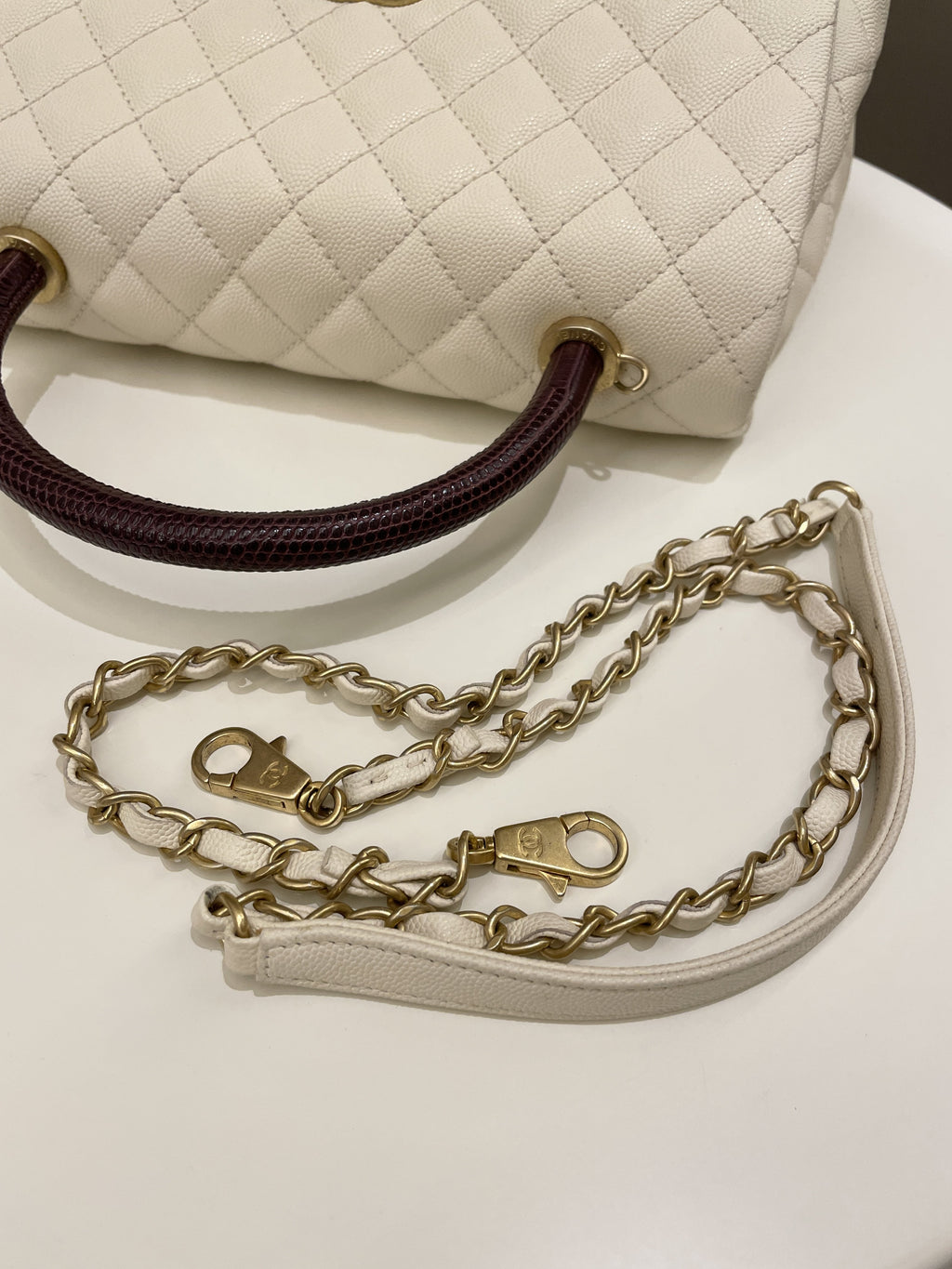 Chanel Quilted Coco Lizard Handle Ivory/ Burgundy Caviar