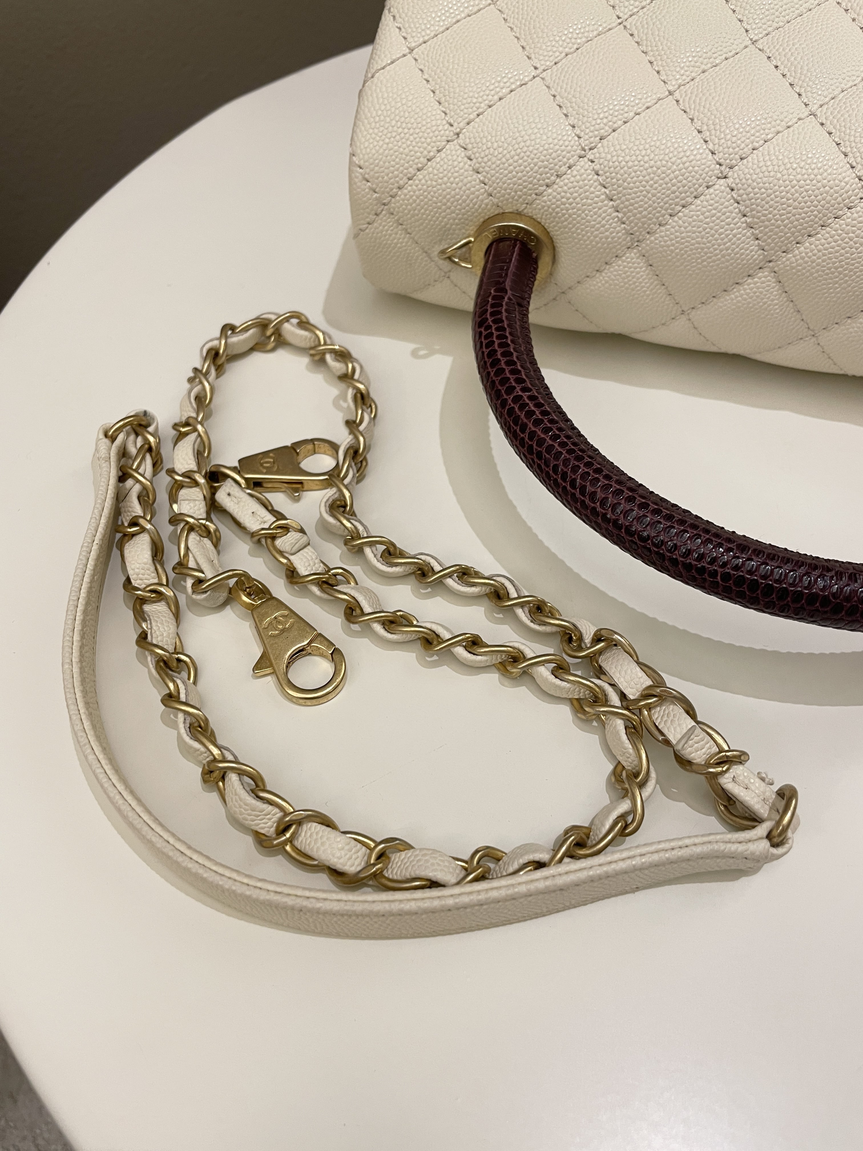 Chanel Quilted Coco Lizard Handle Ivory/ Burgundy Caviar