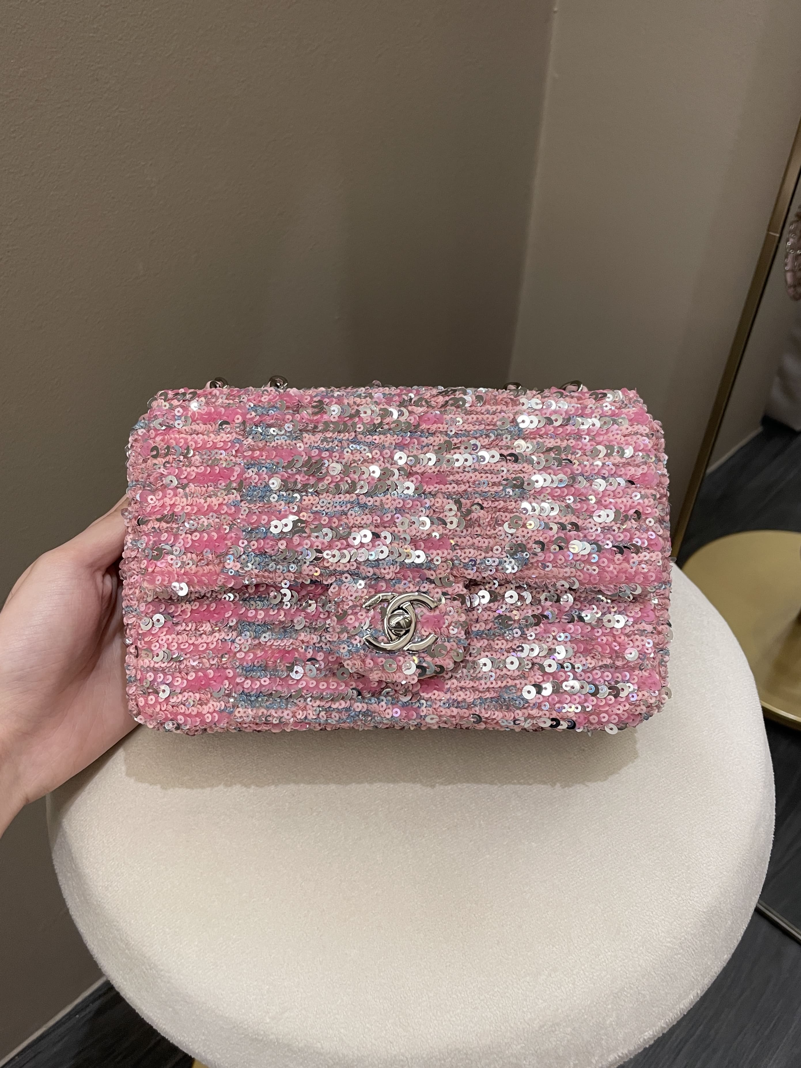 Chanel Quilted Mini Rectangular Flap Bag Pink Sequins