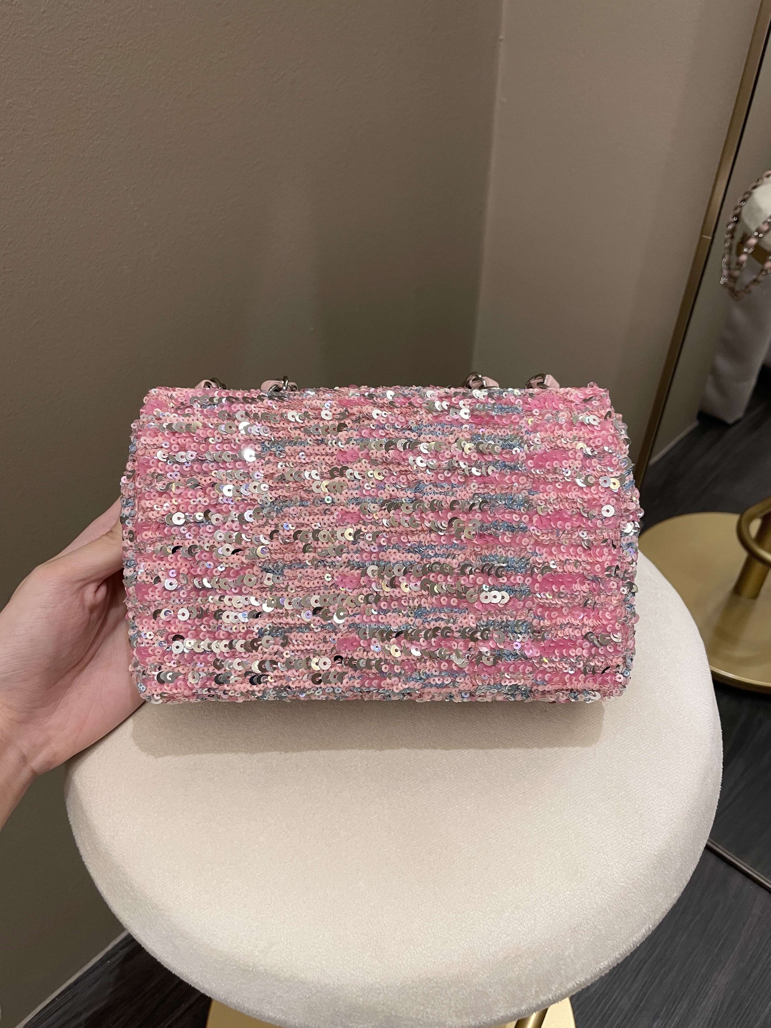 Chanel Quilted Mini Rectangular Flap Bag Pink Sequins