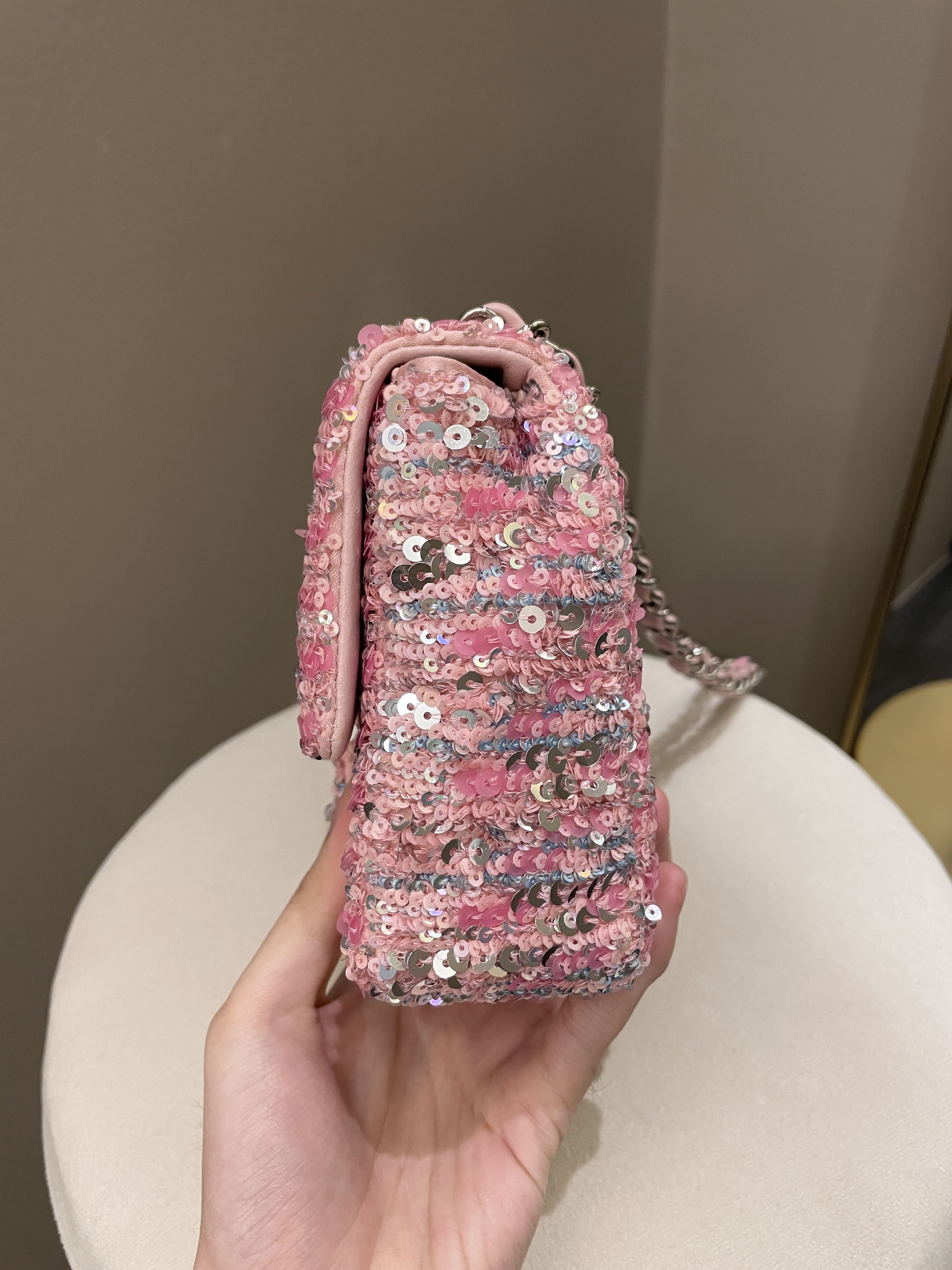 Chanel Quilted Mini Rectangular Flap Bag Pink Sequins