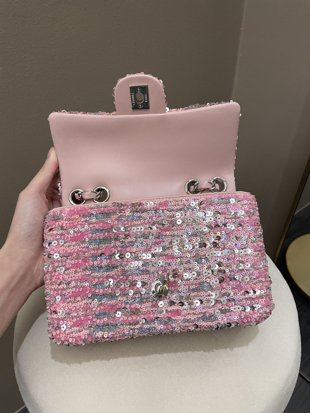 Chanel Quilted Mini Rectangular Flap Bag Pink Sequins