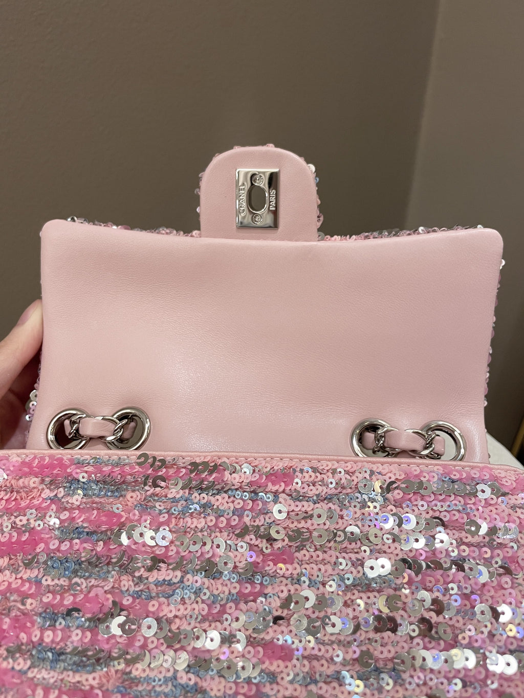 Chanel Quilted Mini Rectangular Flap Bag Pink Sequins