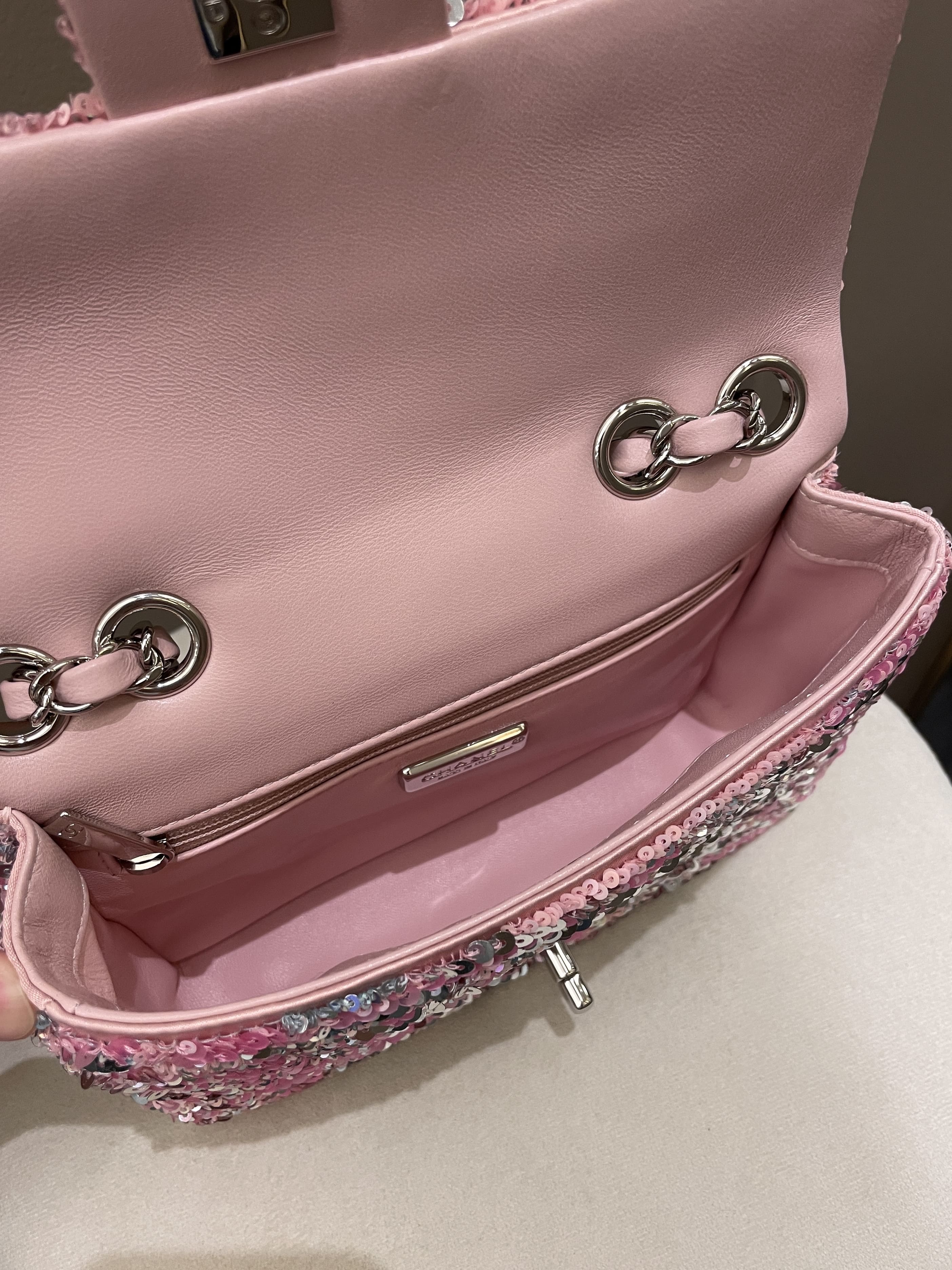 Chanel Quilted Mini Rectangular Flap Bag Pink Sequins