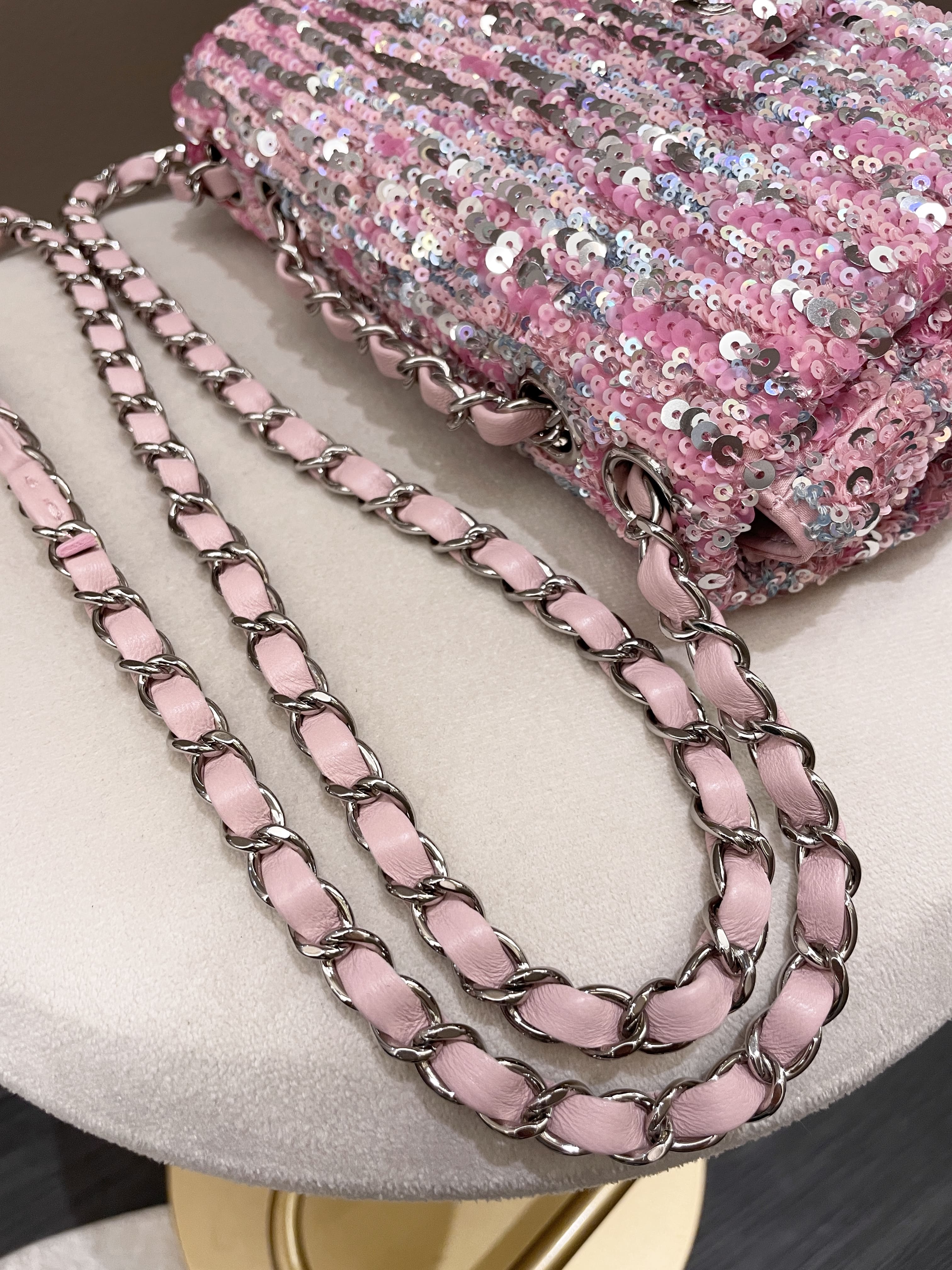 Chanel Quilted Mini Rectangular Flap Bag Pink Sequins