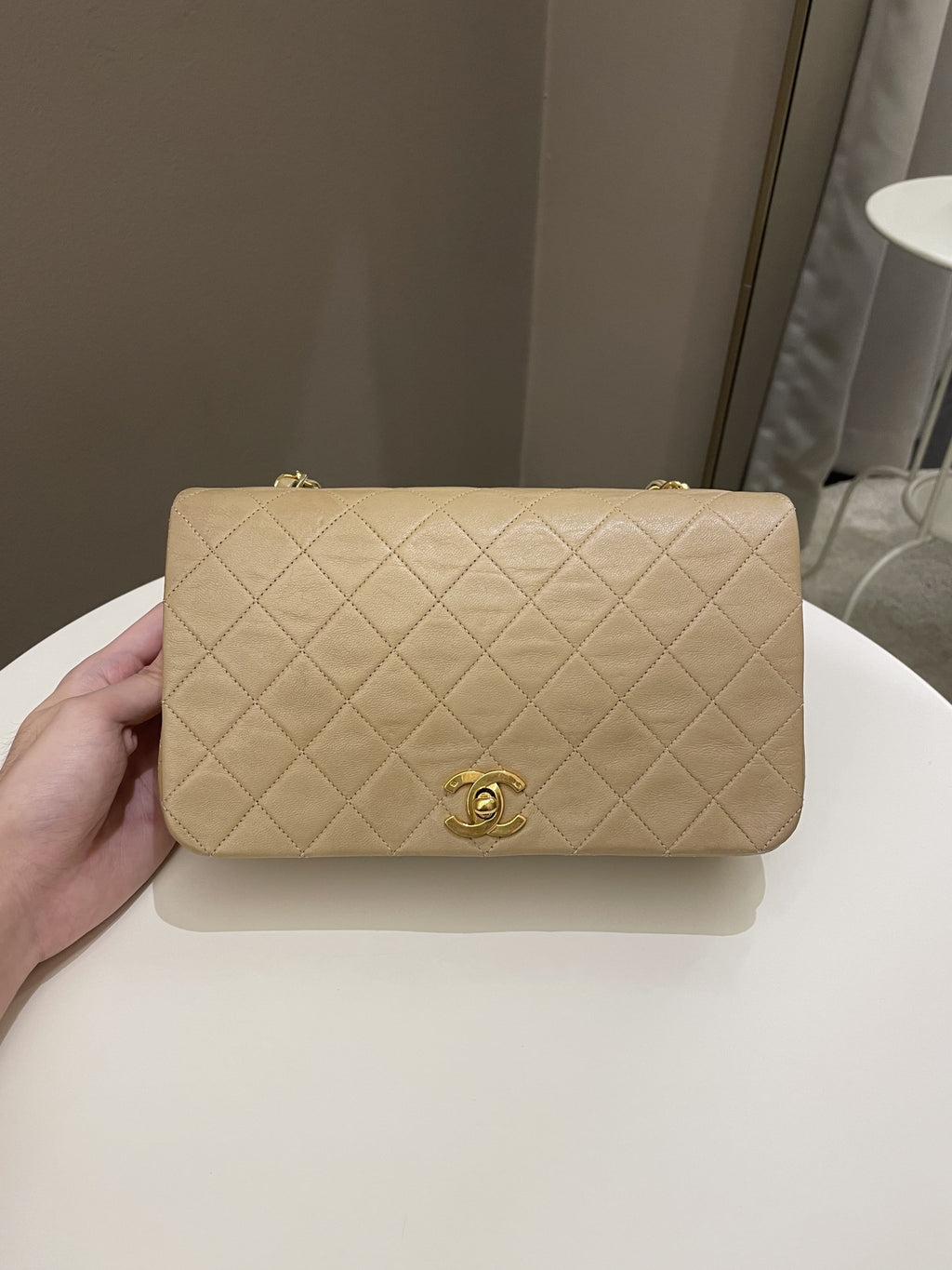 Chanel Vintage Quilted Full Flap Bag Beige Lambskin