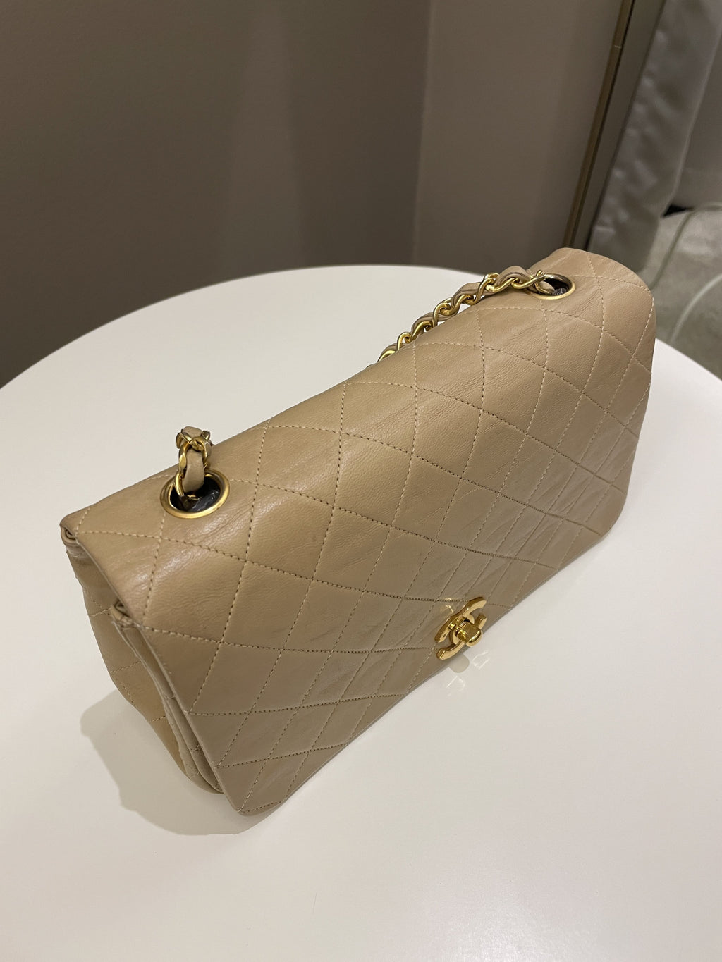 Chanel Vintage Quilted Full Flap Bag Beige Lambskin