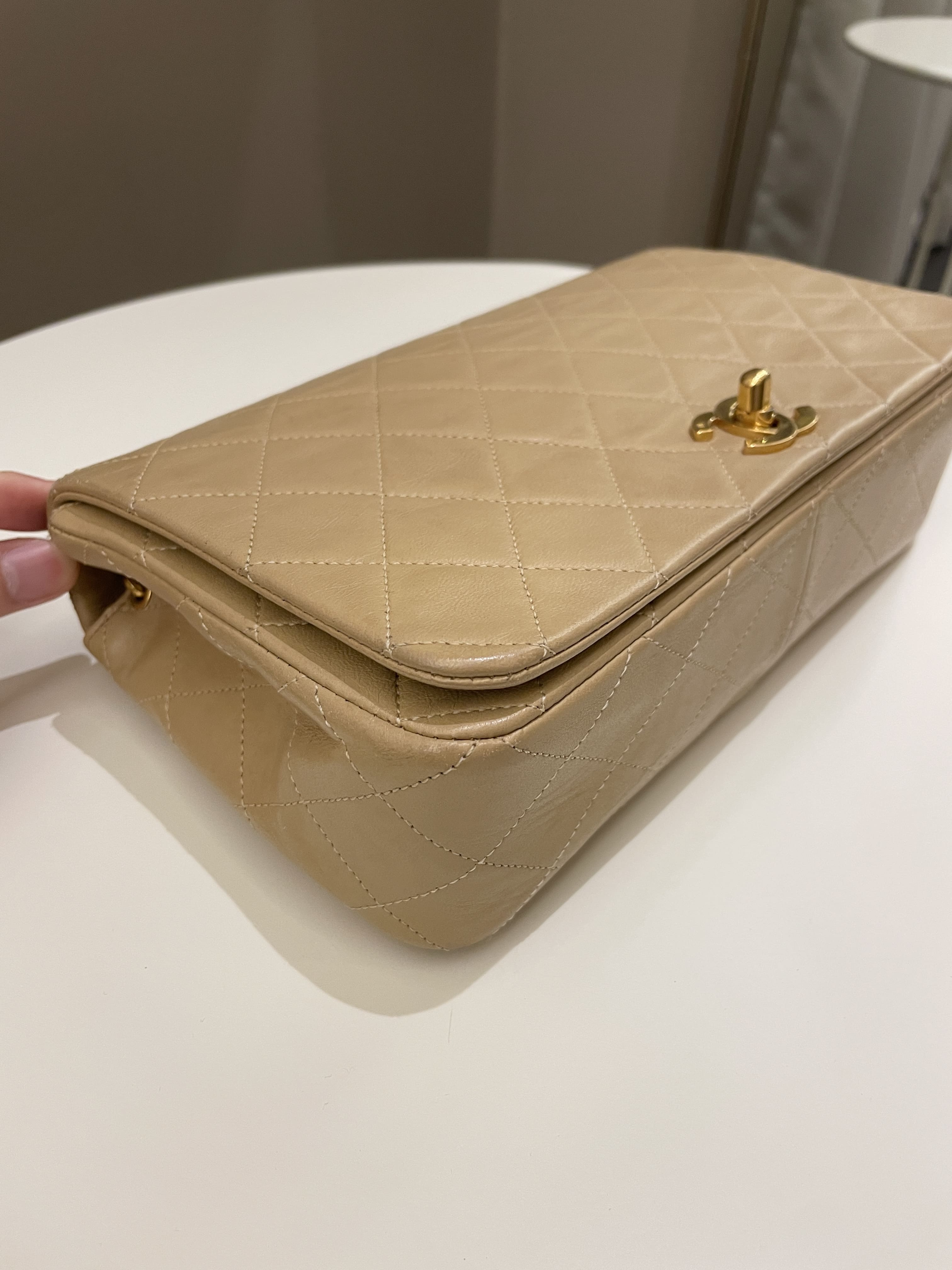 Chanel Vintage Quilted Full Flap Bag Beige Lambskin