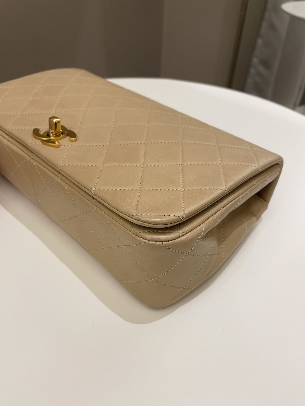 Chanel Vintage Quilted Full Flap Bag Beige Lambskin