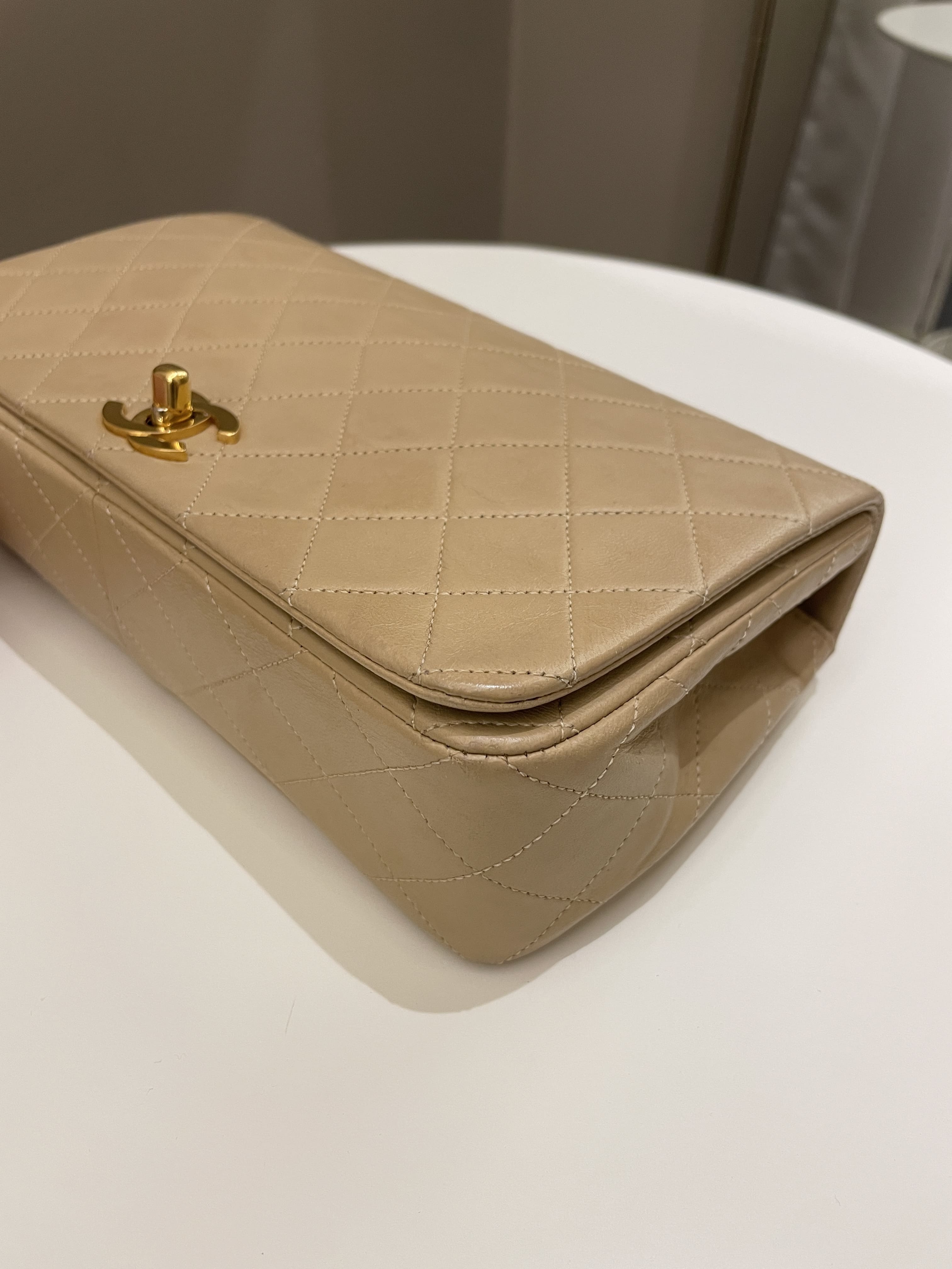 Chanel Vintage Quilted Full Flap Bag Beige Lambskin