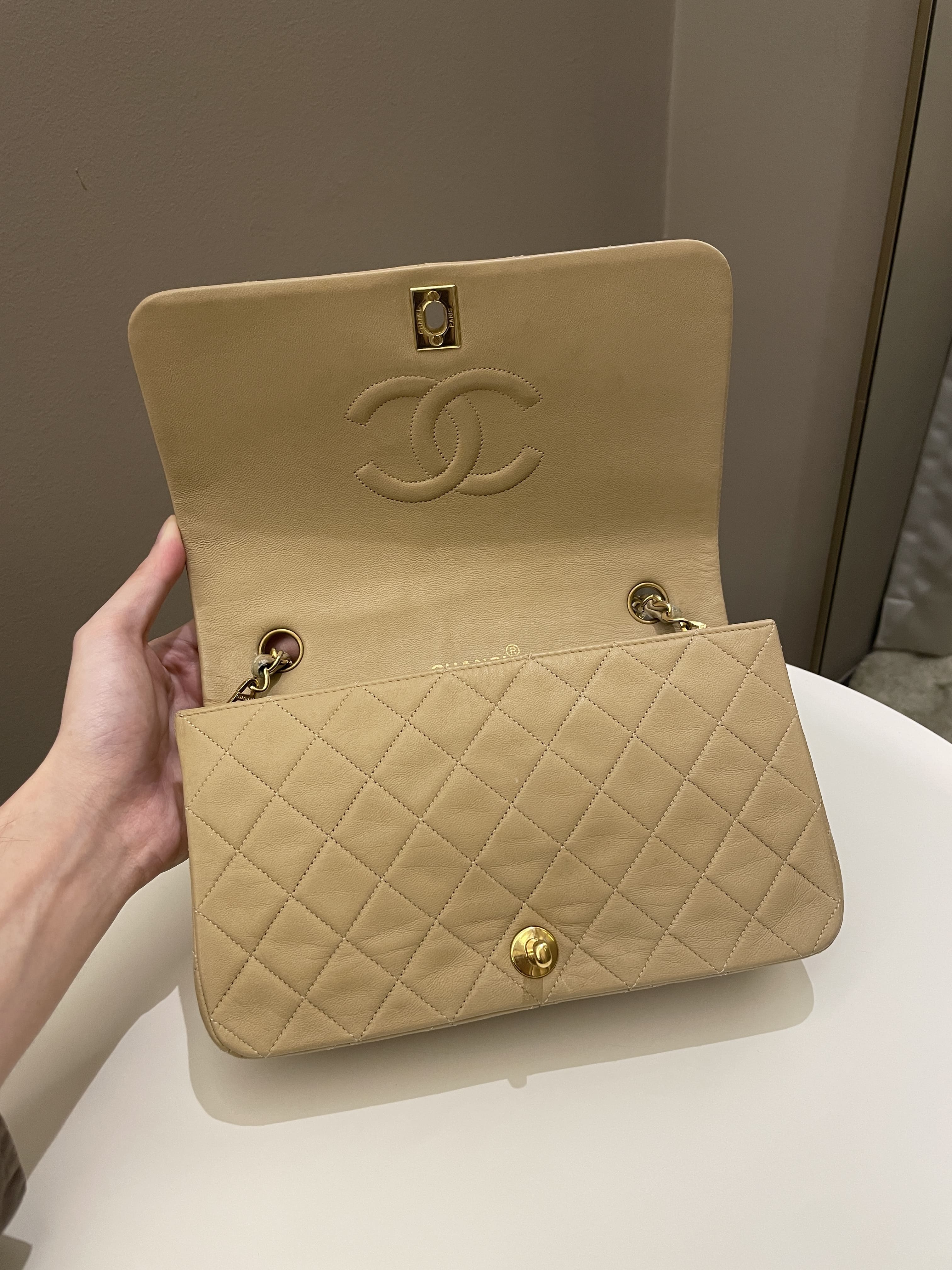 Chanel Vintage Quilted Full Flap Bag Beige Lambskin