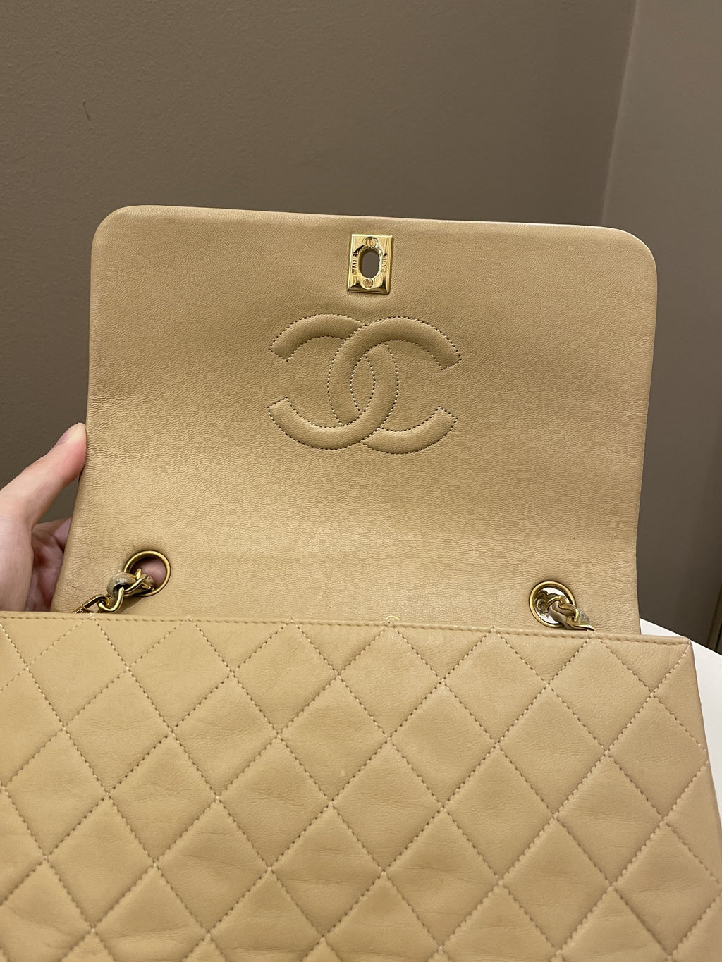 Chanel Vintage Quilted Full Flap Bag Beige Lambskin