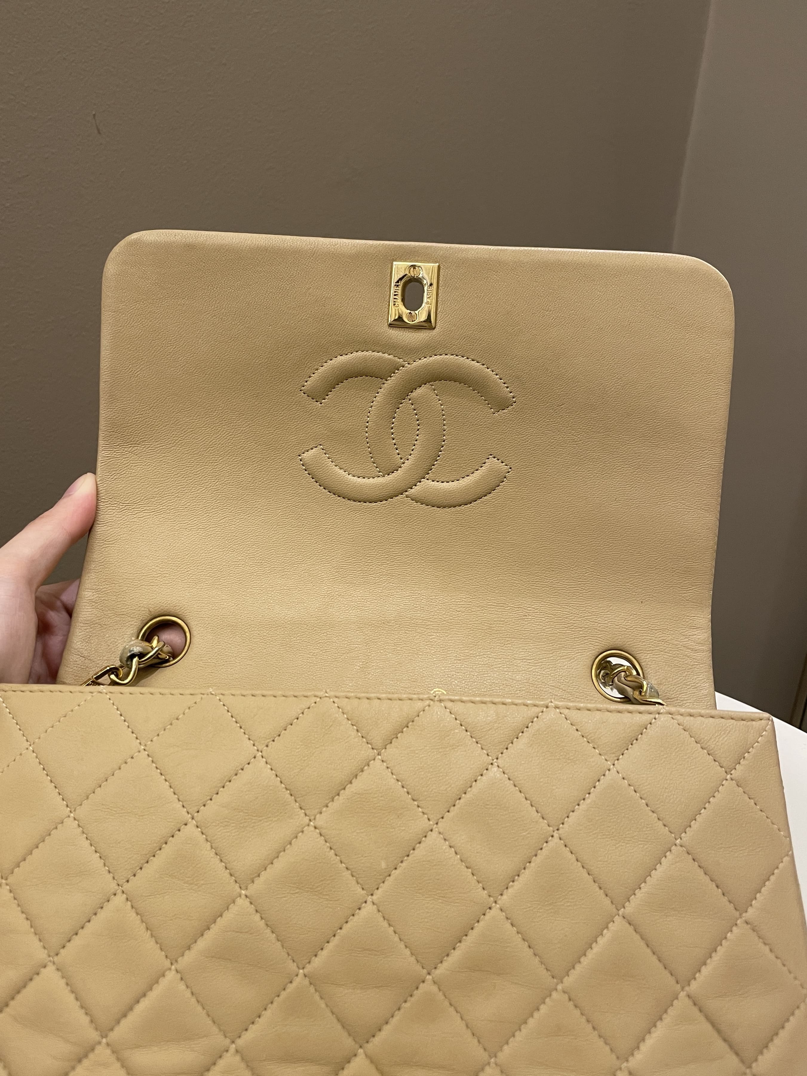 Chanel Vintage Quilted Full Flap Bag Beige Lambskin