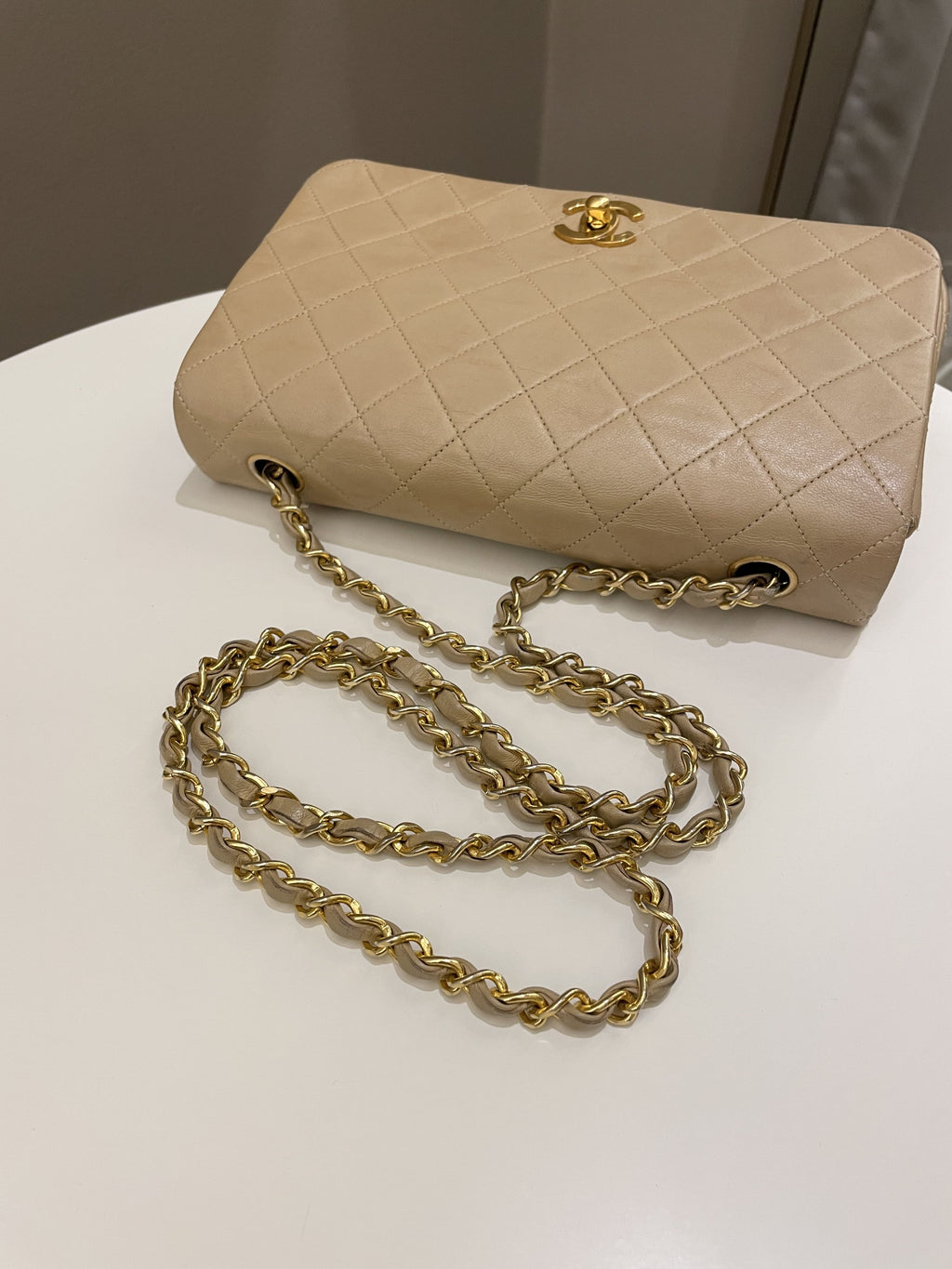 Chanel Vintage Quilted Full Flap Bag Beige Lambskin