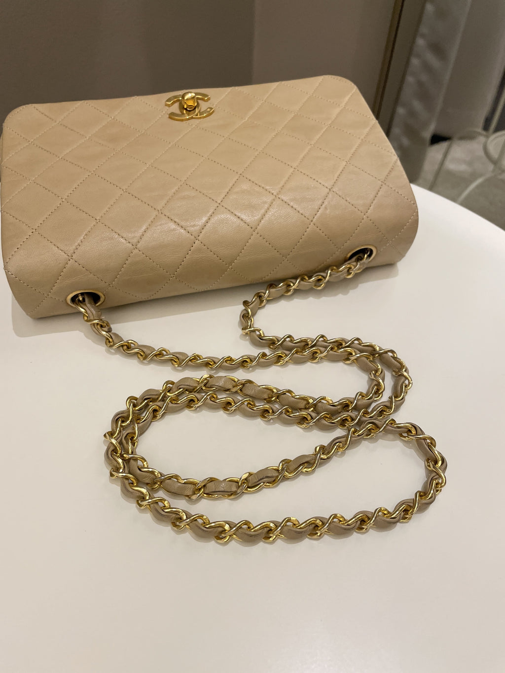 Chanel Vintage Quilted Full Flap Bag Beige Lambskin