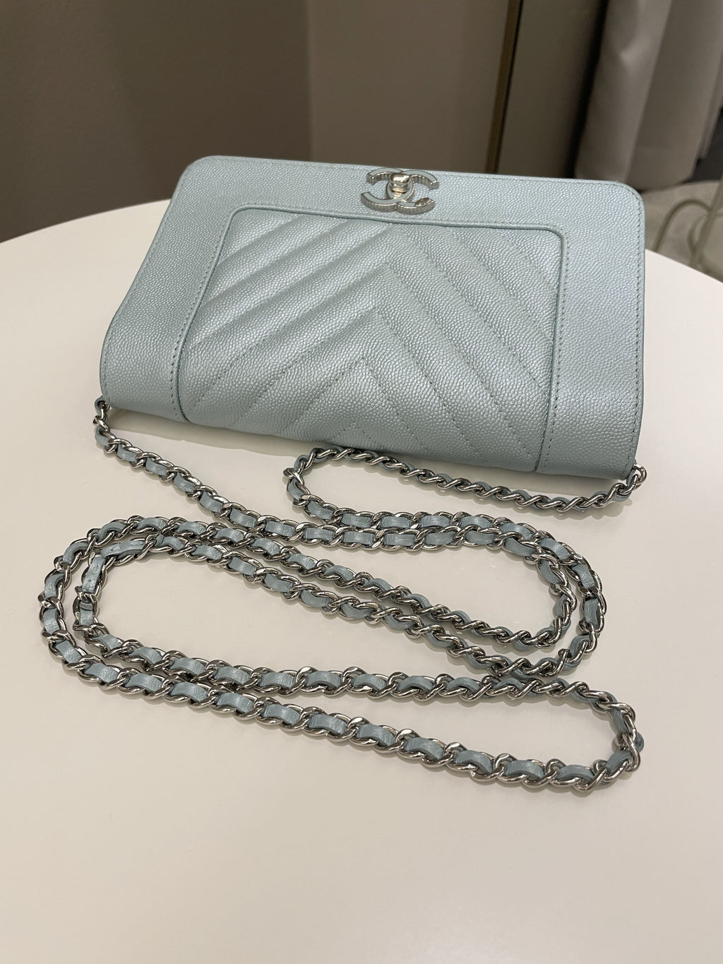 Chanel Mademoiselle Wallet On Chain Blue Iridescent Caviar