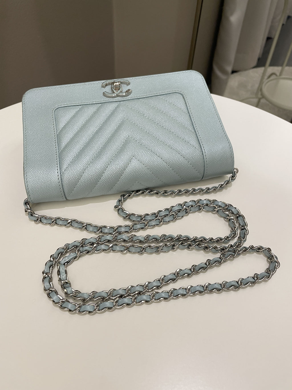 Chanel Mademoiselle Wallet On Chain Blue Iridescent Caviar