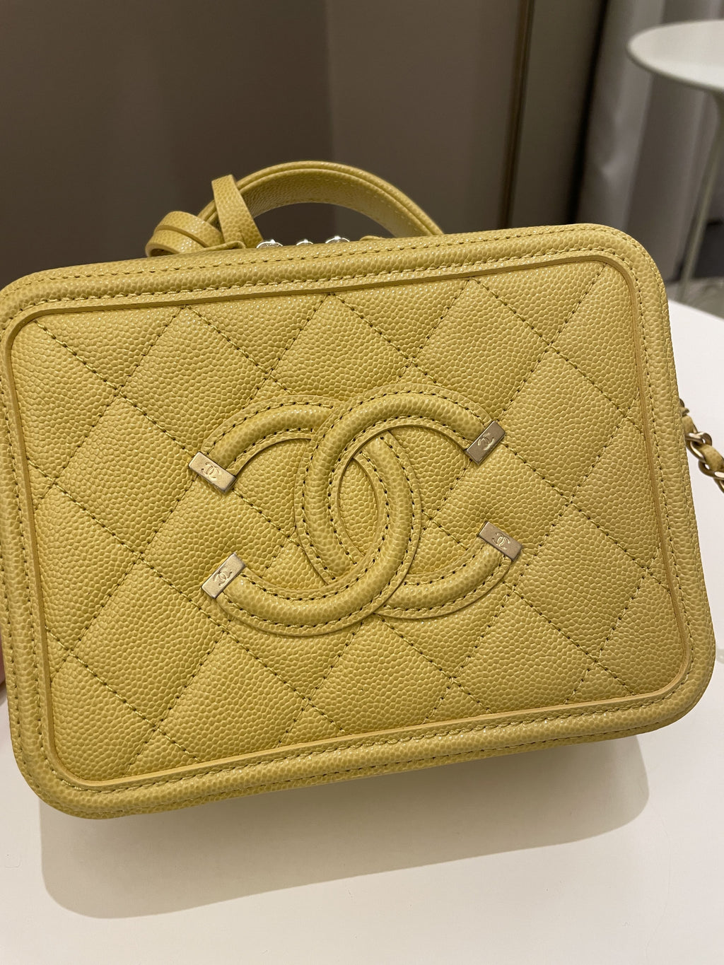 Chanel Filigree Vanity Case Yellow Caviar