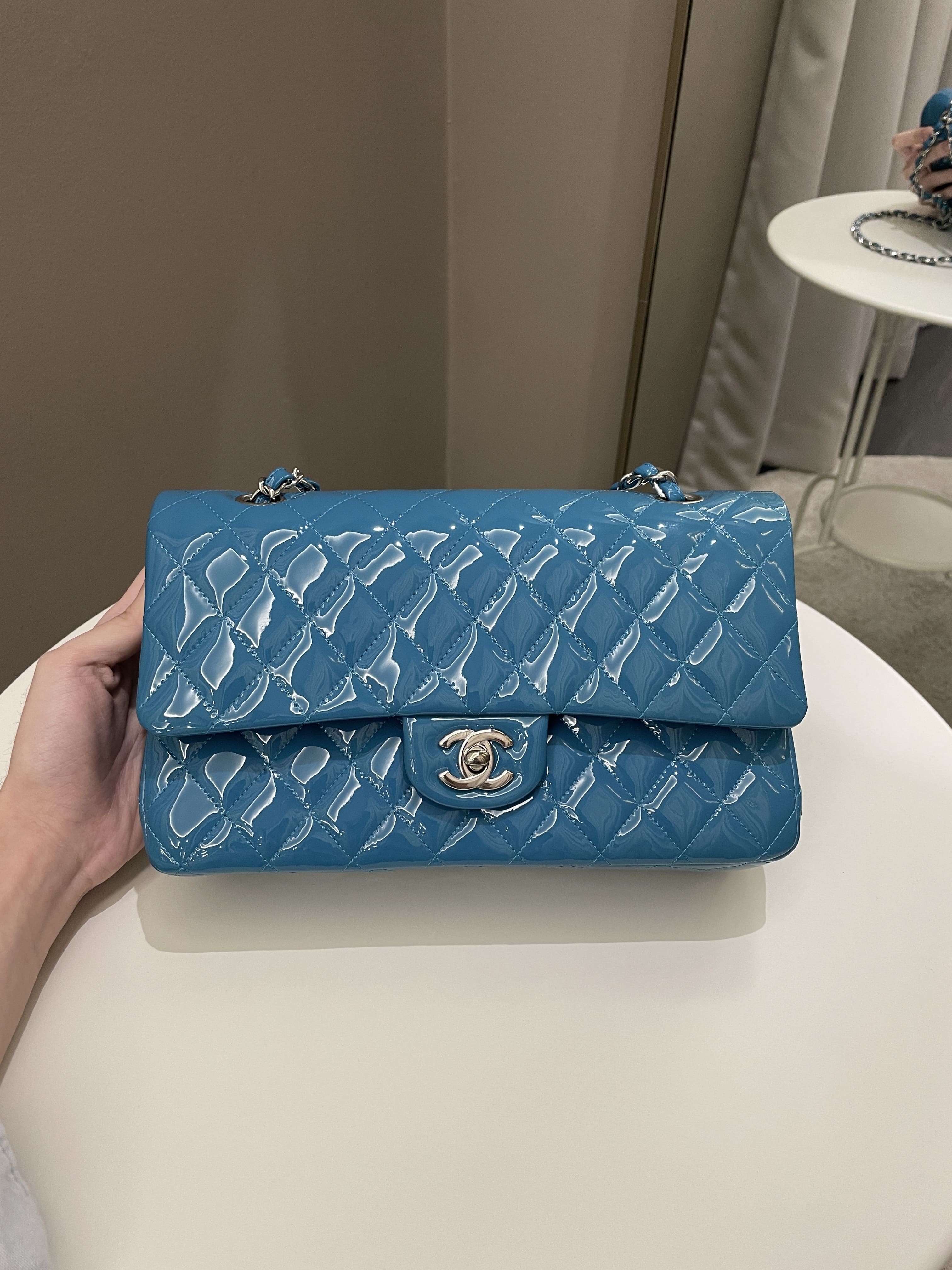 Chanel Classic Quilted Medium Double Flap Turquoise Patent