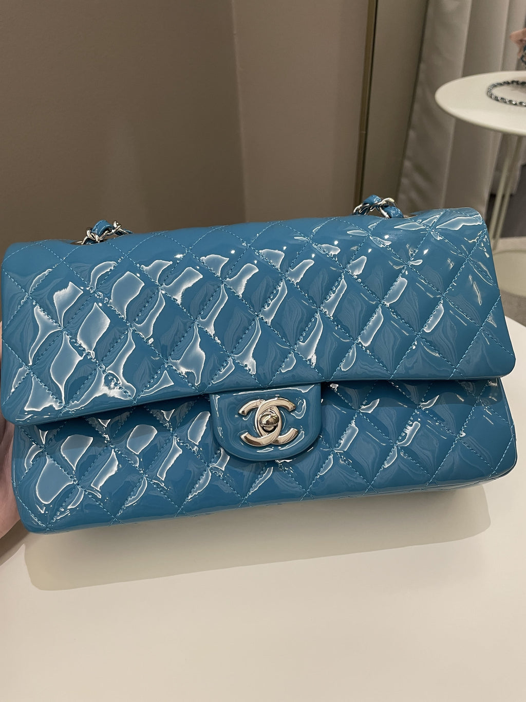 Chanel Classic Quilted Medium Double Flap Turquoise Patent