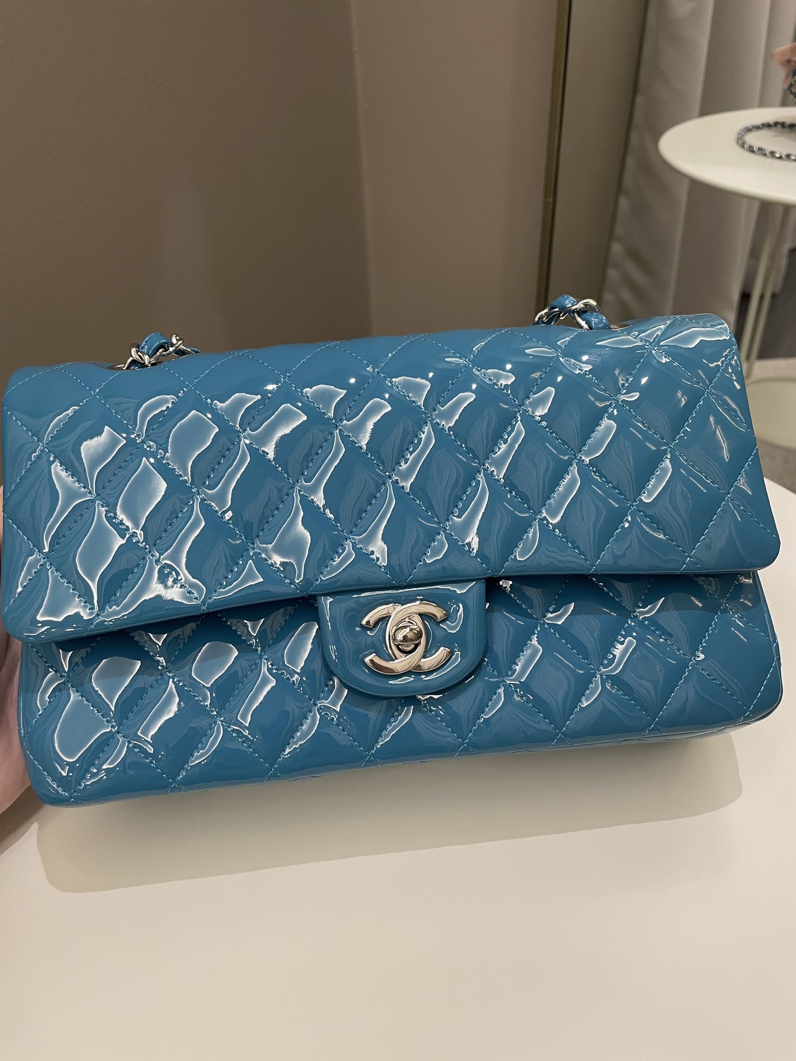Chanel Classic Quilted Medium Double Flap Turquoise Patent