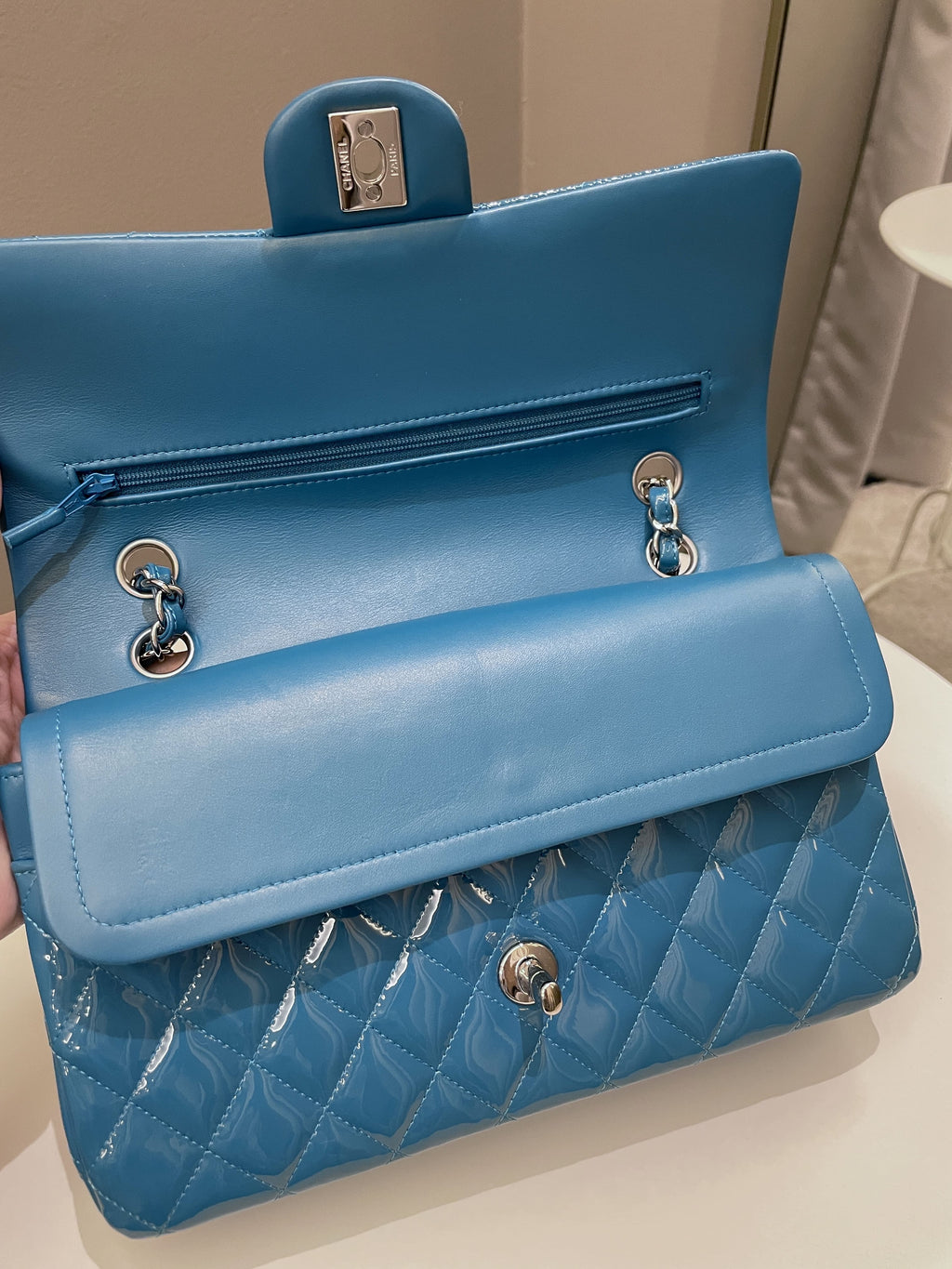 Chanel Classic Quilted Medium Double Flap Turquoise Patent