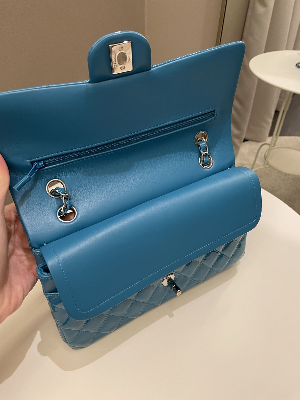 Chanel Classic Quilted Medium Double Flap Turquoise Patent