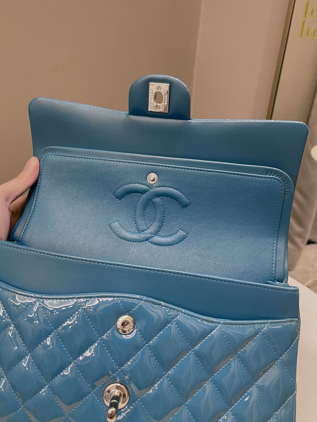 Chanel Classic Quilted Medium Double Flap Turquoise Patent