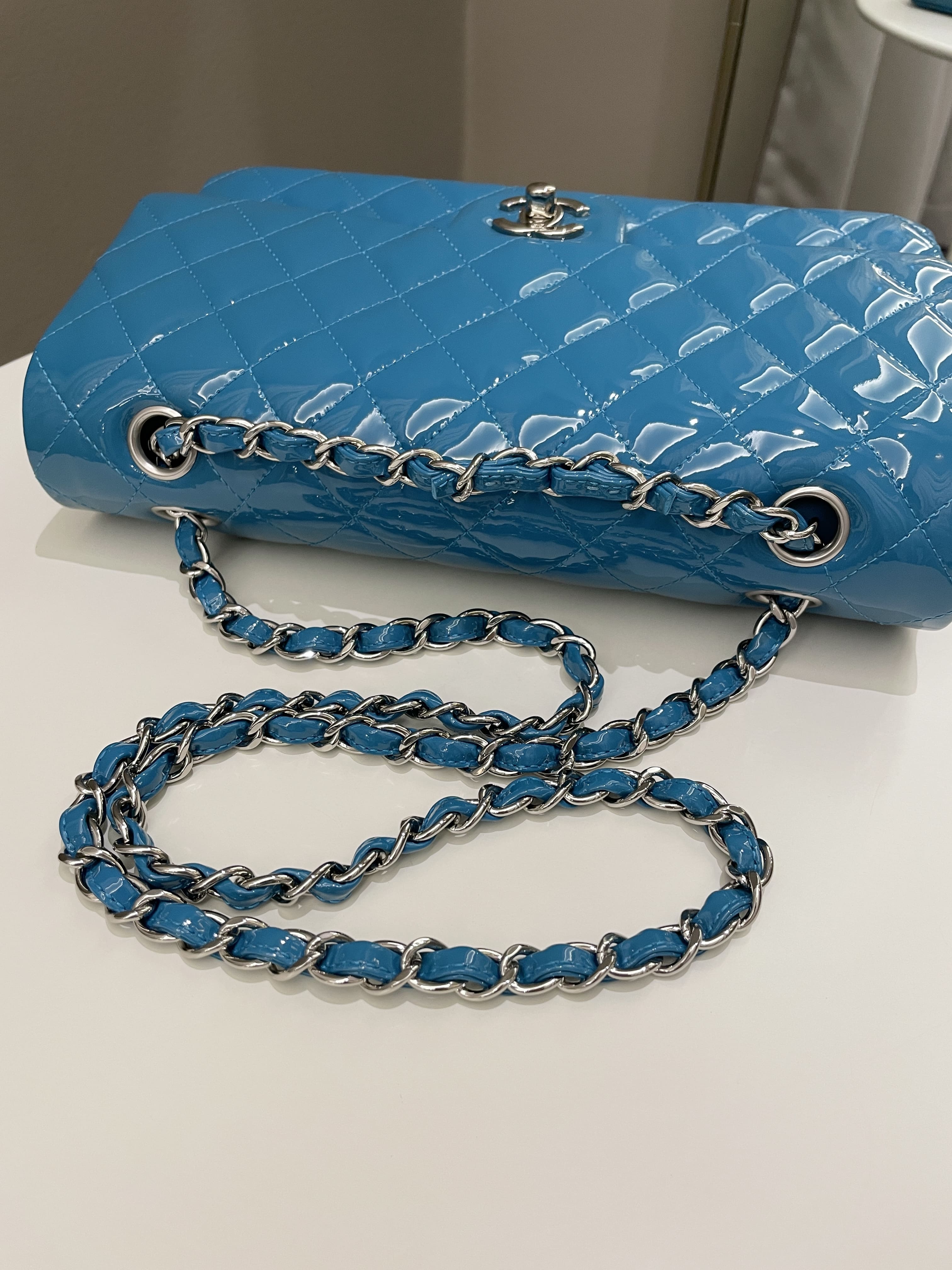 Chanel Classic Quilted Medium Double Flap Turquoise Patent