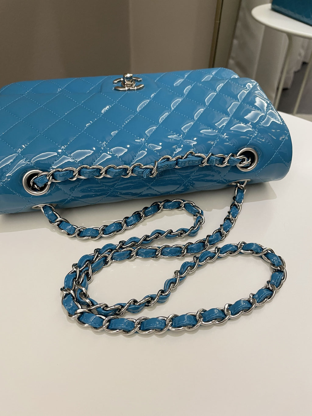 Chanel Classic Quilted Medium Double Flap Turquoise Patent