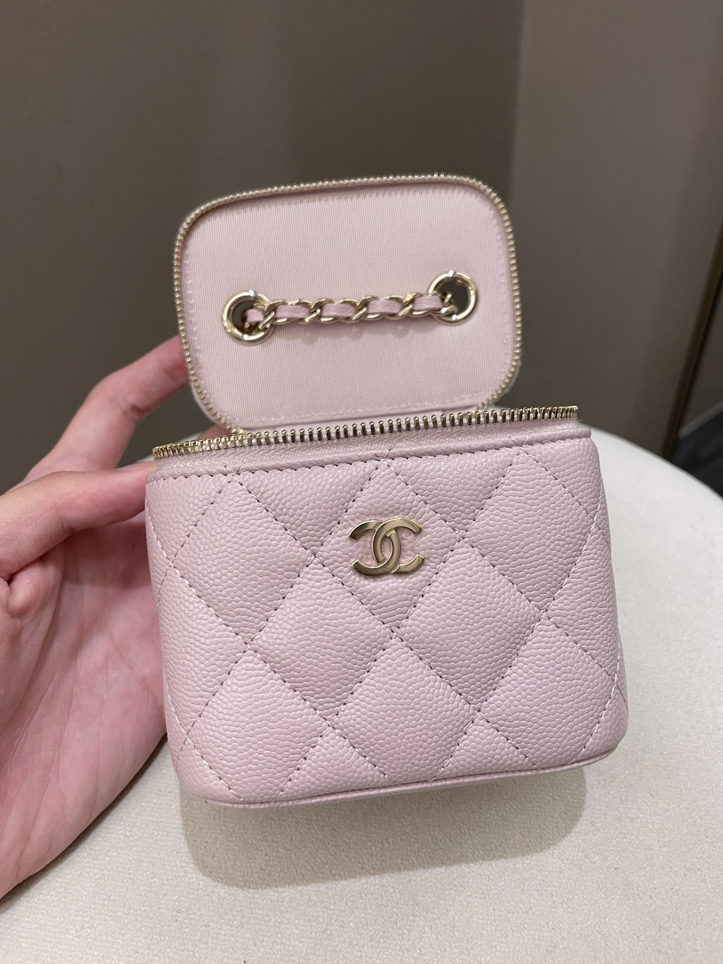 Chanel 21S Quilted Mini Vanity Cube Rose Clair Lilac Caviar