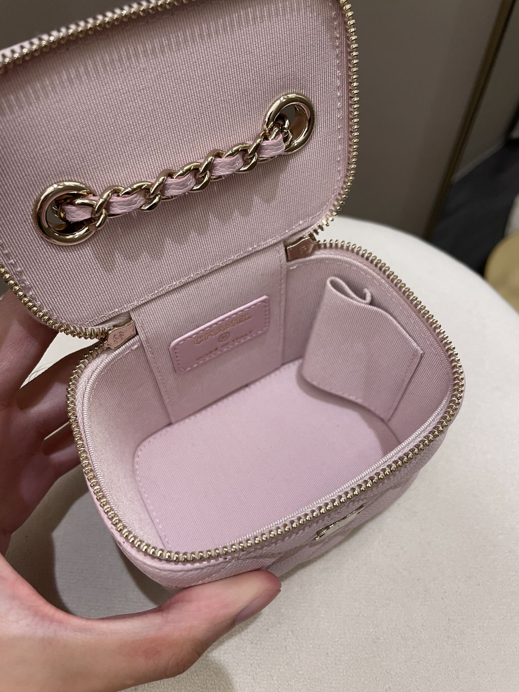 Chanel 21S Quilted Mini Vanity Cube Rose Clair Lilac Caviar