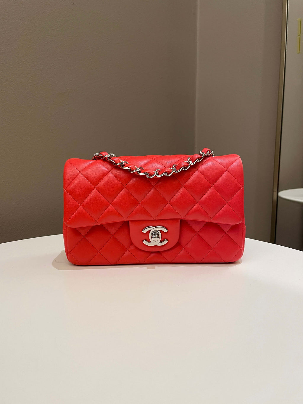 Chanel Quilted Mini Rectangular Coral Red Lambskin
