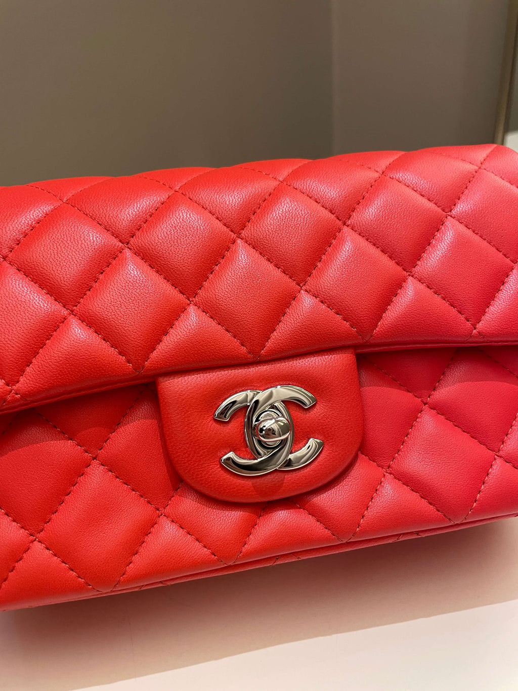 Chanel Quilted Mini Rectangular Coral Red Lambskin