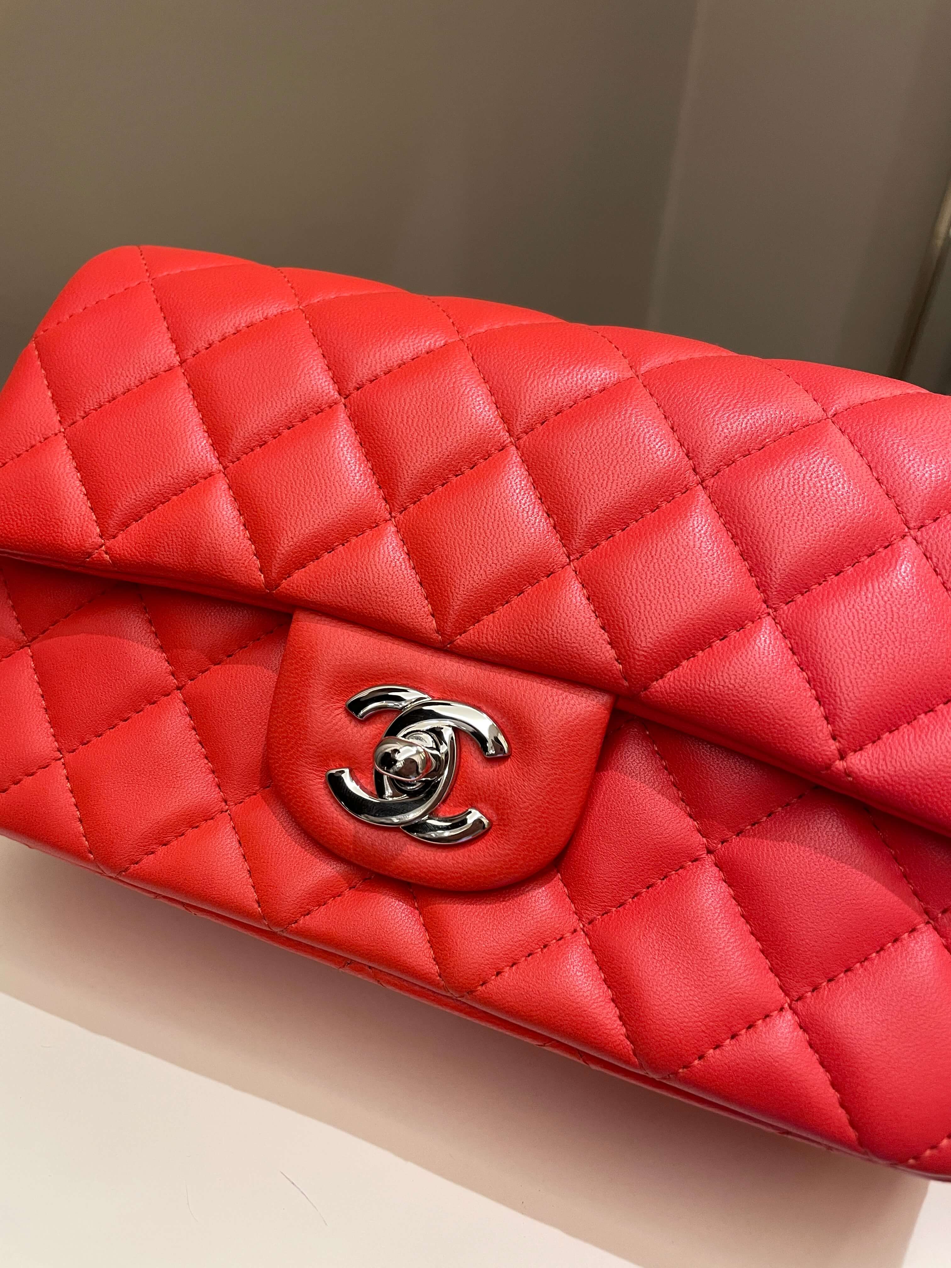 Chanel Quilted Mini Rectangular Coral Red Lambskin