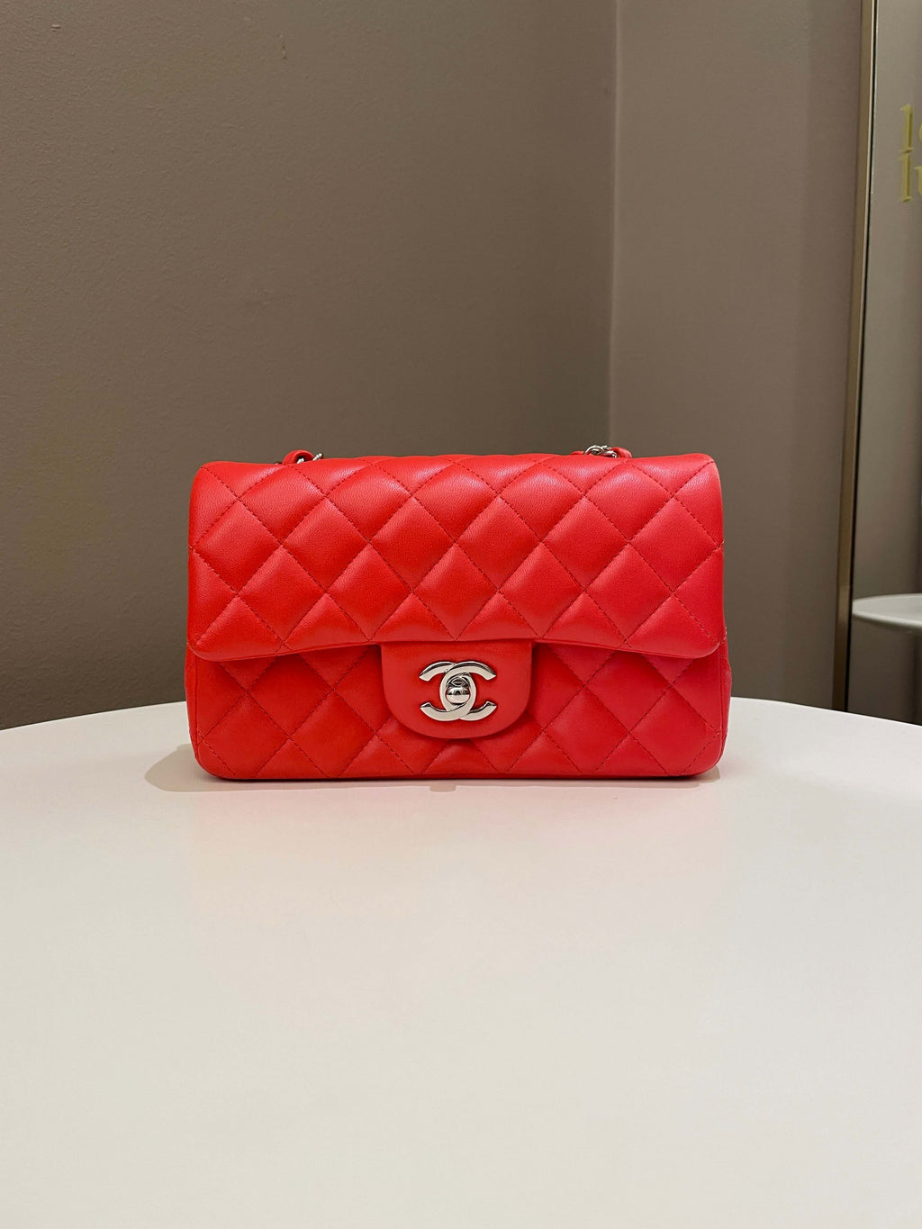 Chanel Quilted Mini Rectangular Coral Red Lambskin