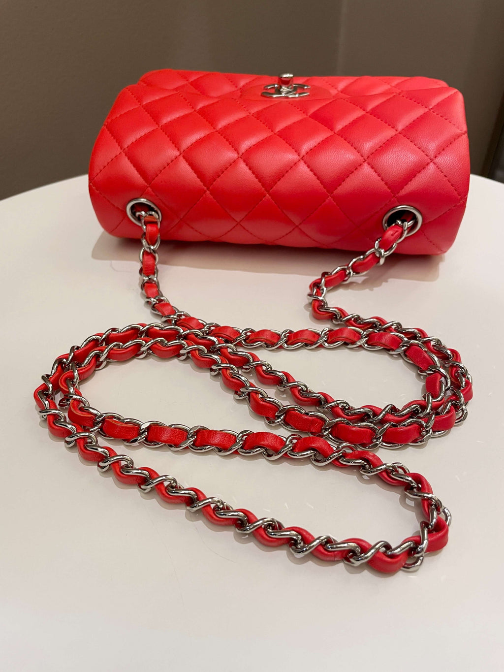 Chanel Quilted Mini Rectangular Coral Red Lambskin
