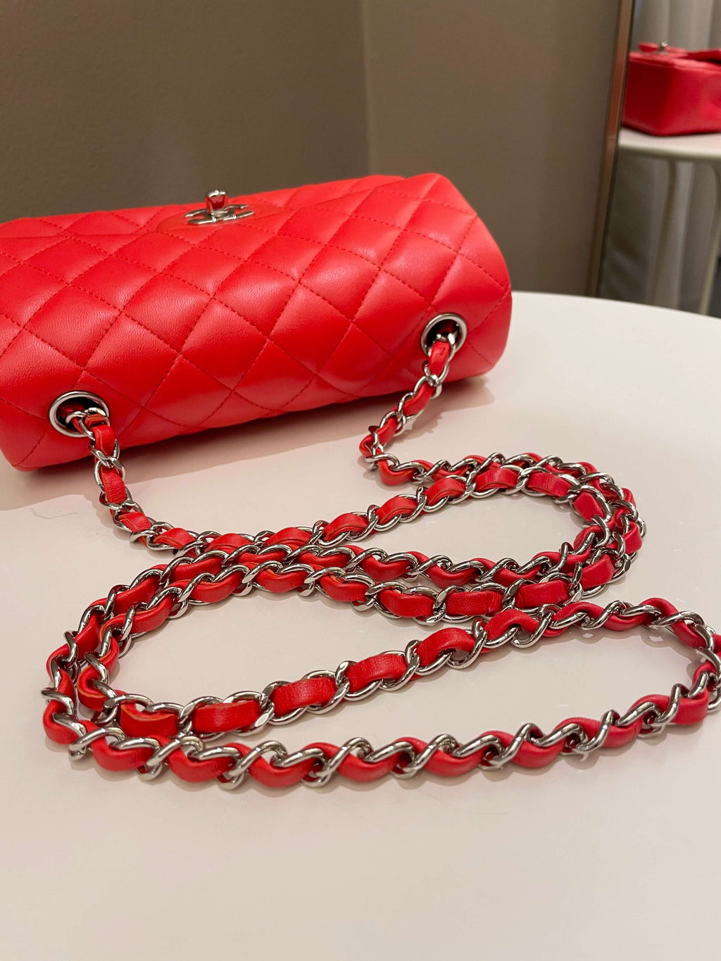 Chanel Quilted Mini Rectangular Coral Red Lambskin