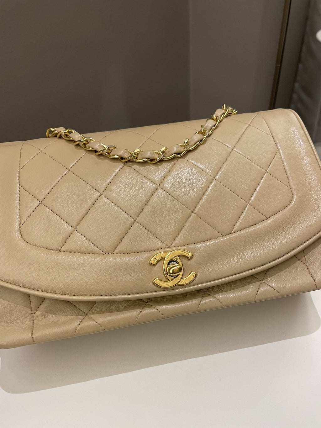 Chanel Vintage Quilted Diana Flap Bag Beige Lambskin