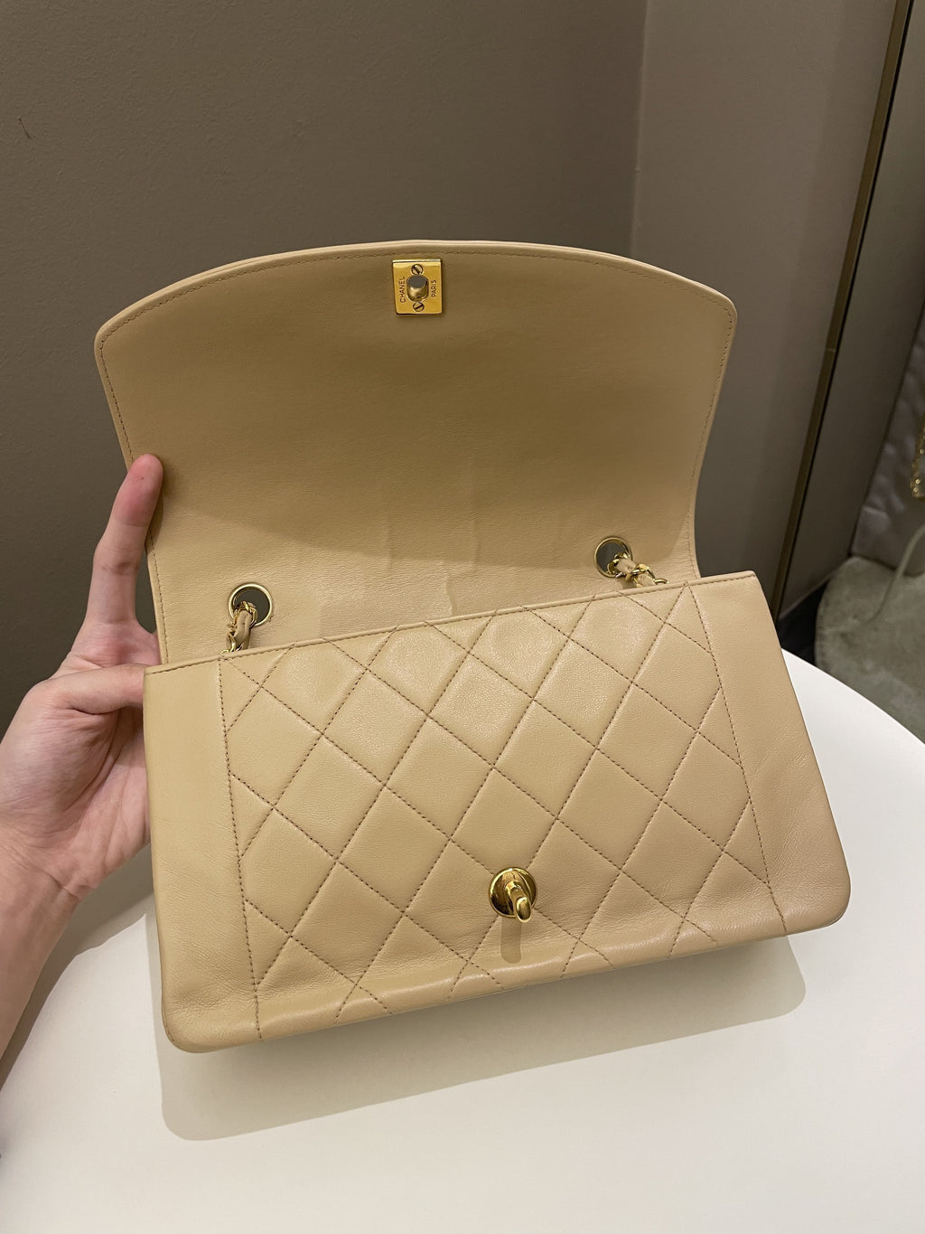 Chanel Vintage Quilted Diana Flap Bag Beige Lambskin