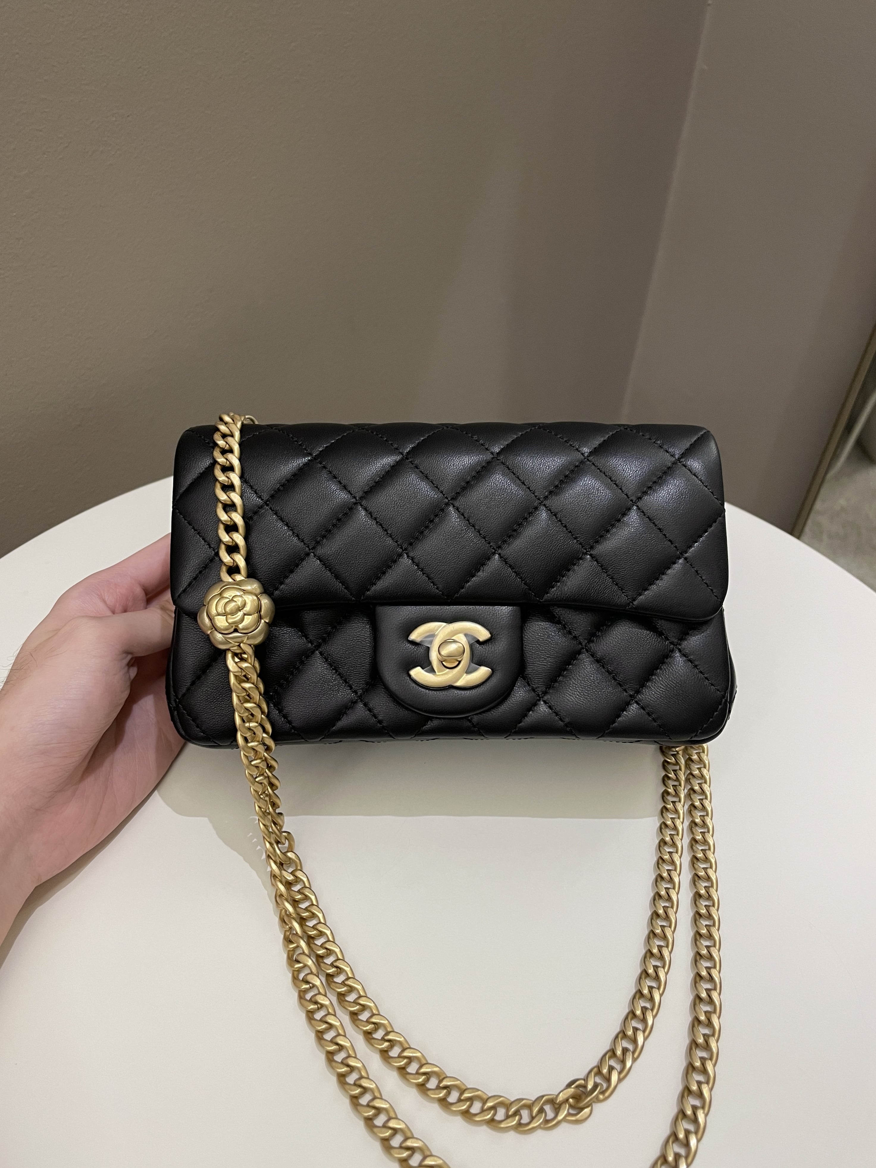 Chanel 23S Camilla Crush Quilted Mini Rectangular Black Stiff Lambskin