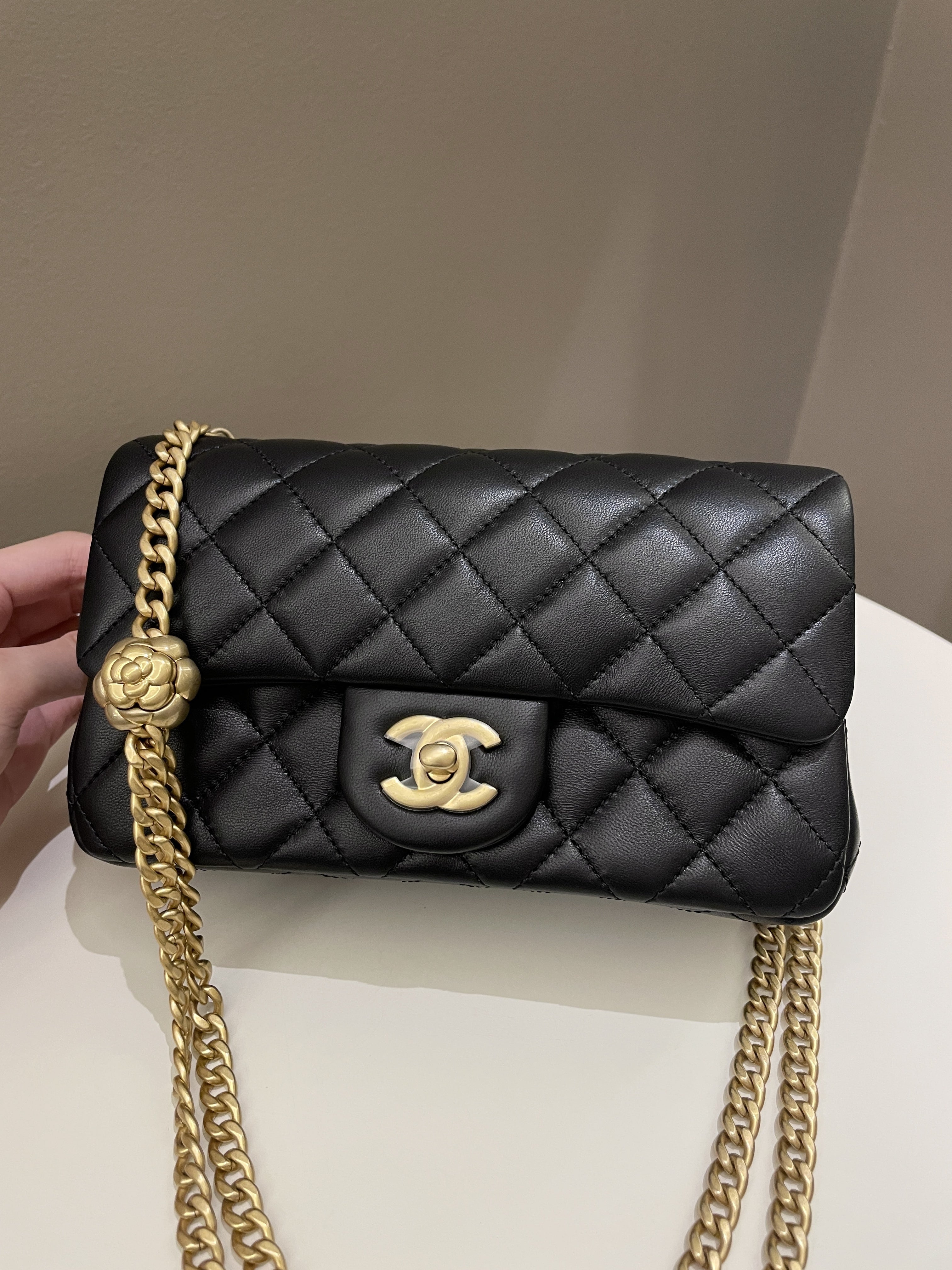 Chanel 23S Camilla Crush Quilted Mini Rectangular Black Stiff Lambskin