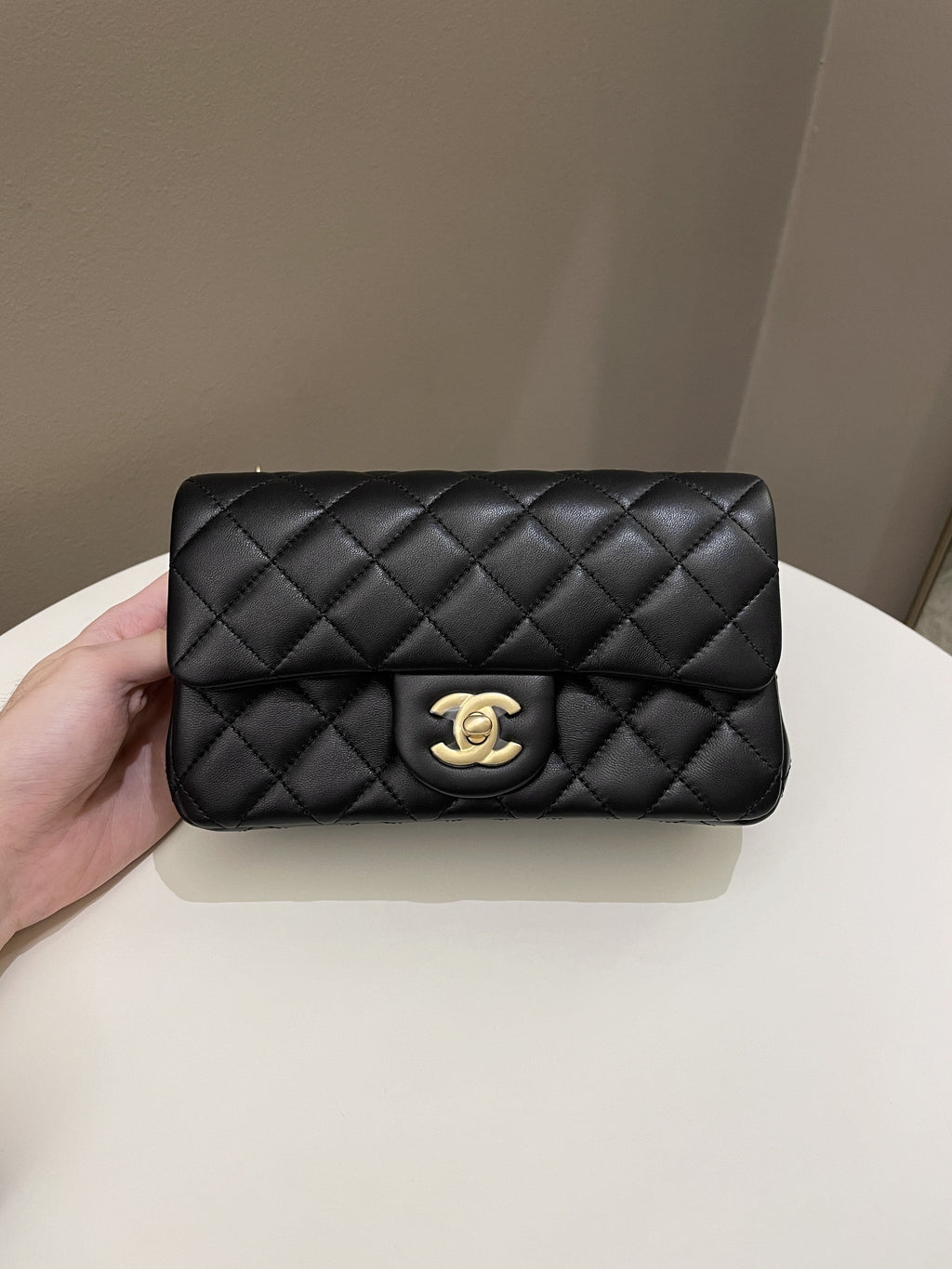 Chanel 23S Camilla Crush Quilted Mini Rectangular Black Stiff Lambskin