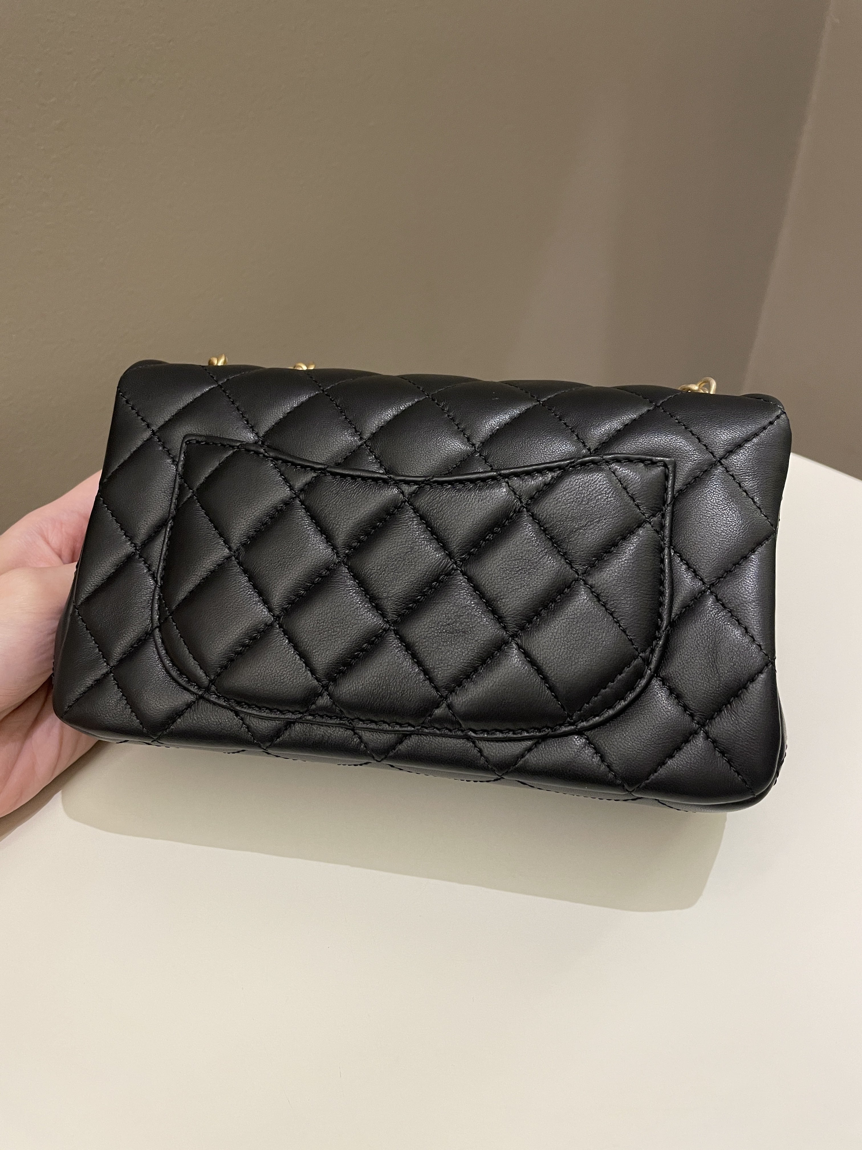 Chanel 23S Camilla Crush Quilted Mini Rectangular Black Stiff Lambskin