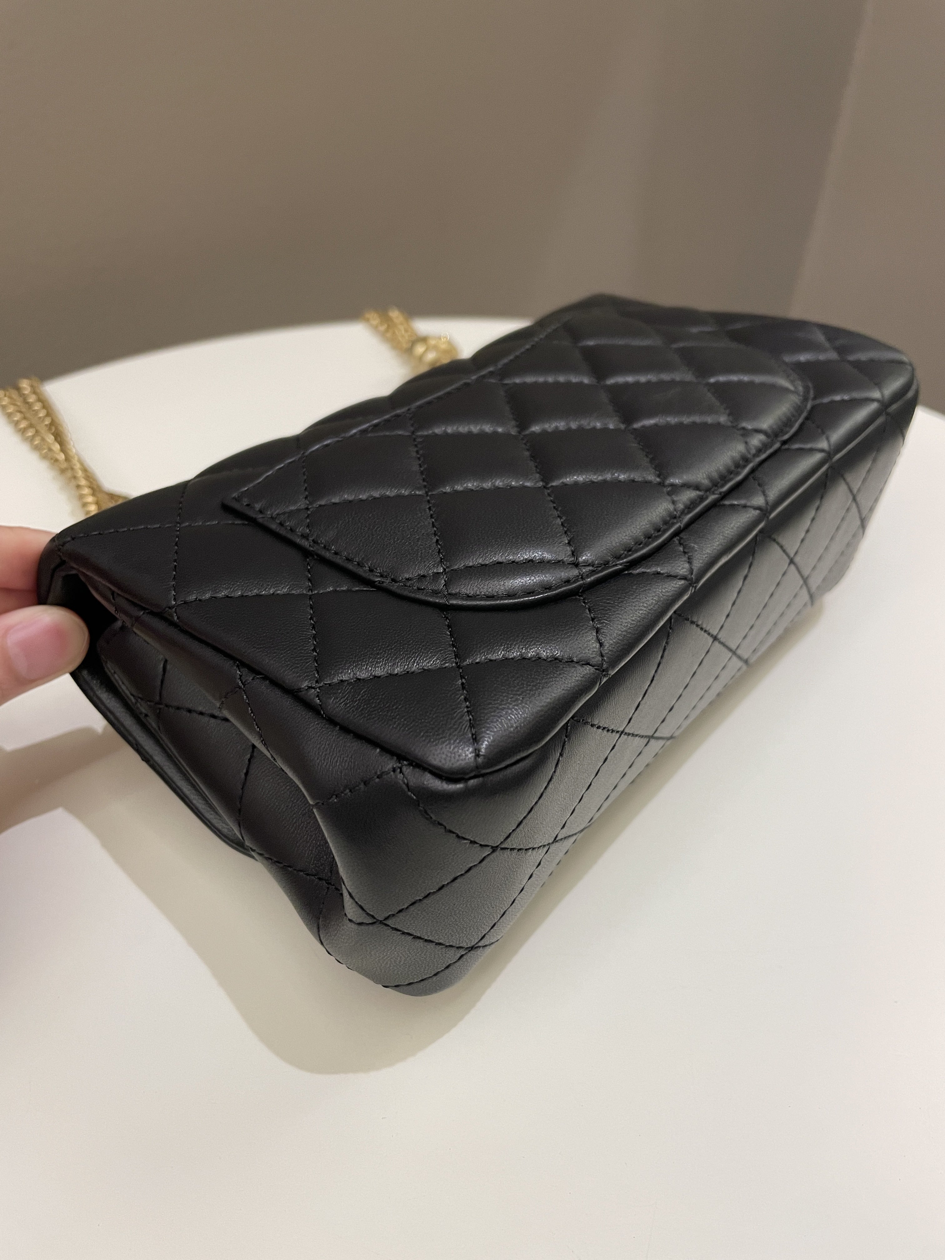 Chanel 23S Camilla Crush Quilted Mini Rectangular Black Stiff Lambskin