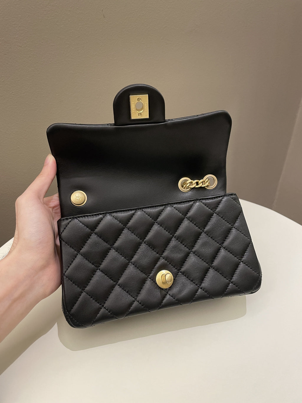 Chanel 23S Camilla Crush Quilted Mini Rectangular Black Stiff Lambskin