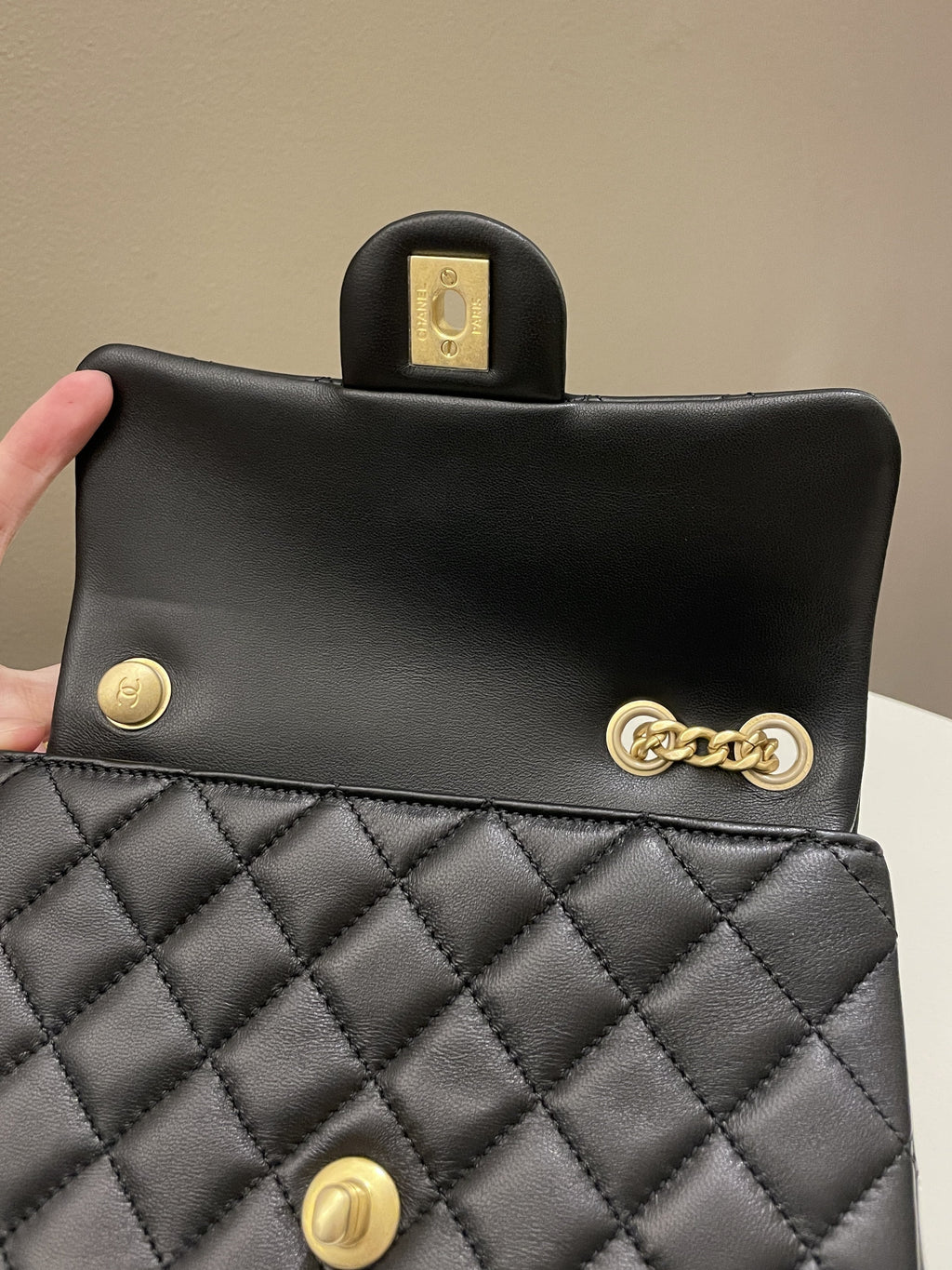 Chanel 23S Camilla Crush Quilted Mini Rectangular Black Stiff Lambskin