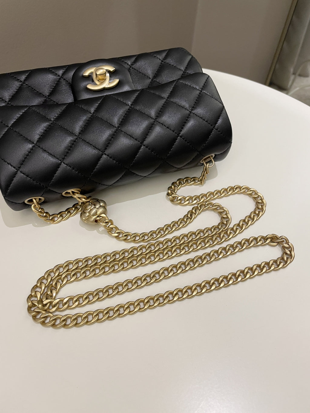 Chanel 23S Camilla Crush Quilted Mini Rectangular Black Stiff Lambskin