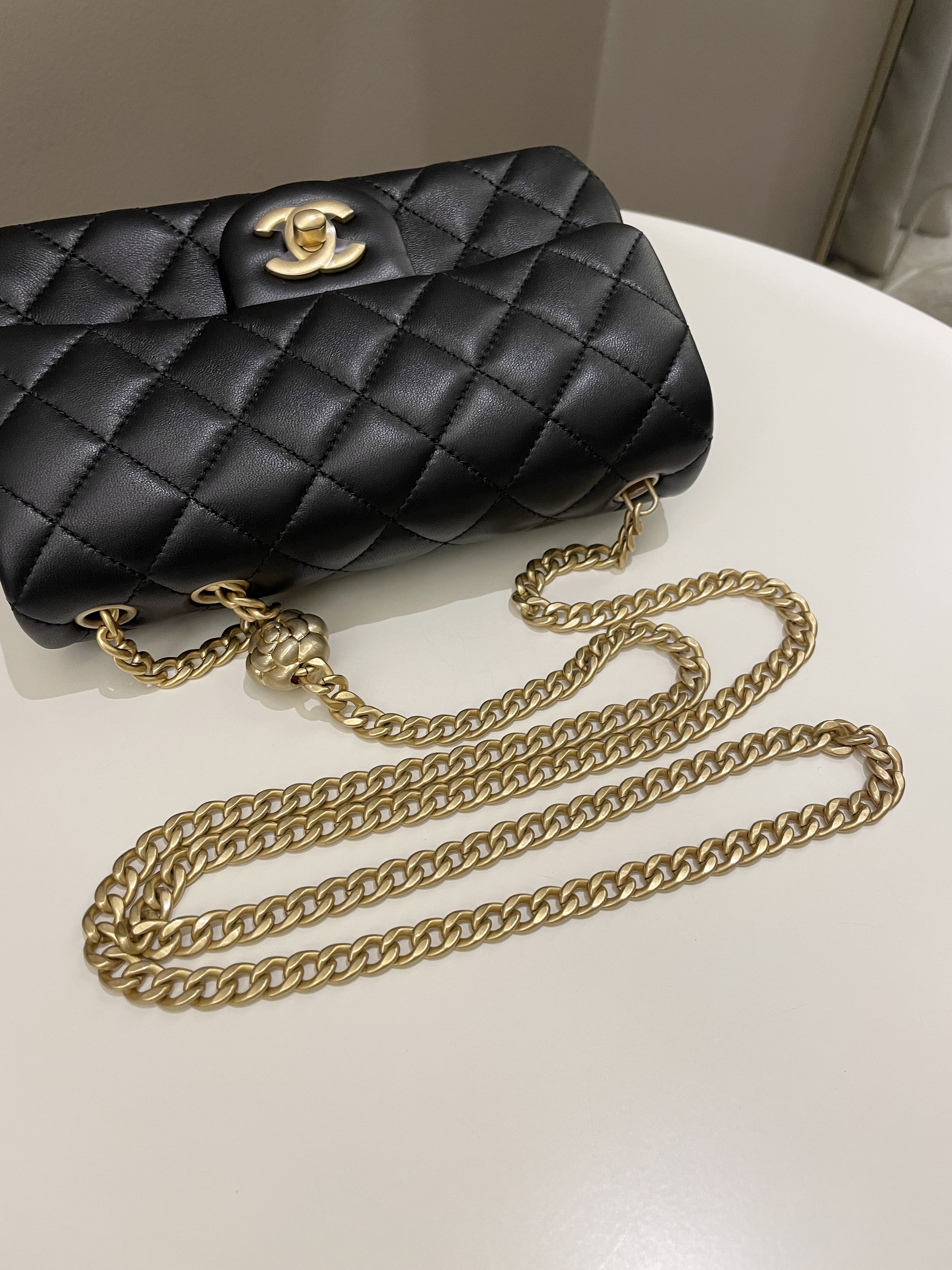 Chanel 23S Camilla Crush Quilted Mini Rectangular Black Stiff Lambskin