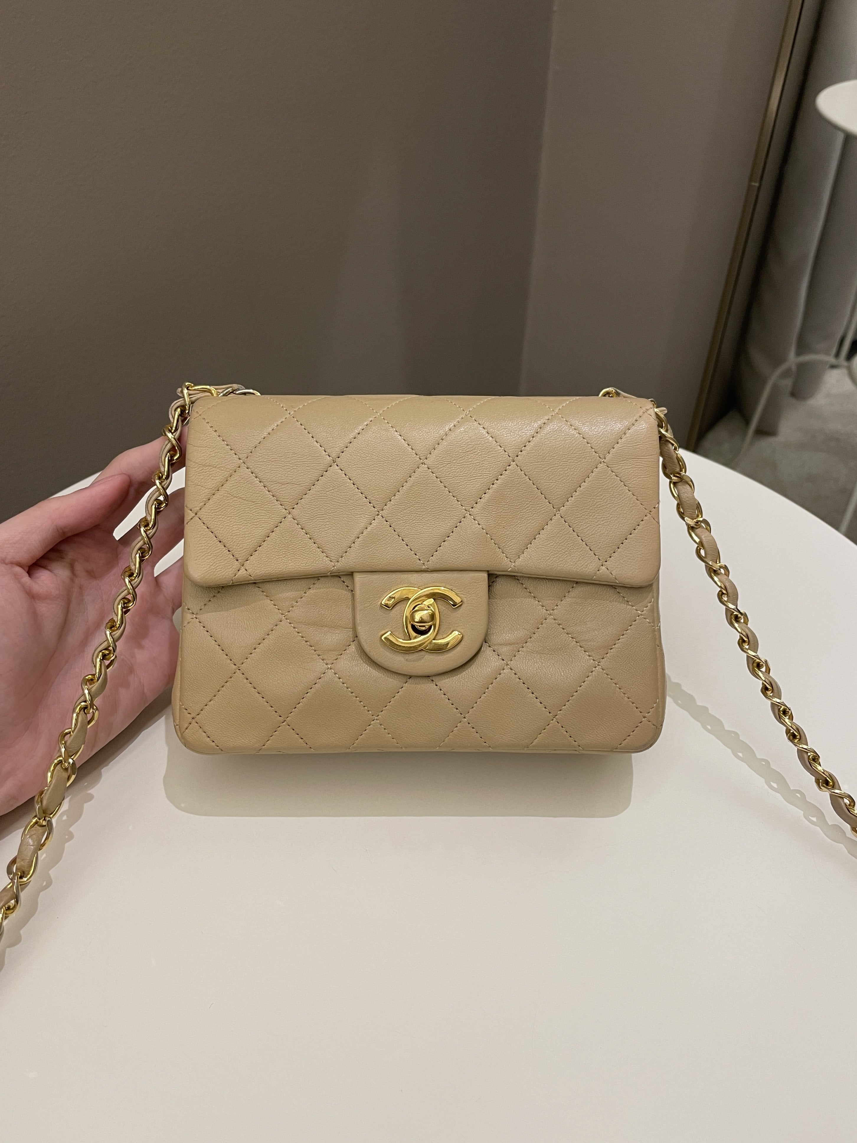 Chanel Vintage Classic Quilted Mini Square Beige Lambskin